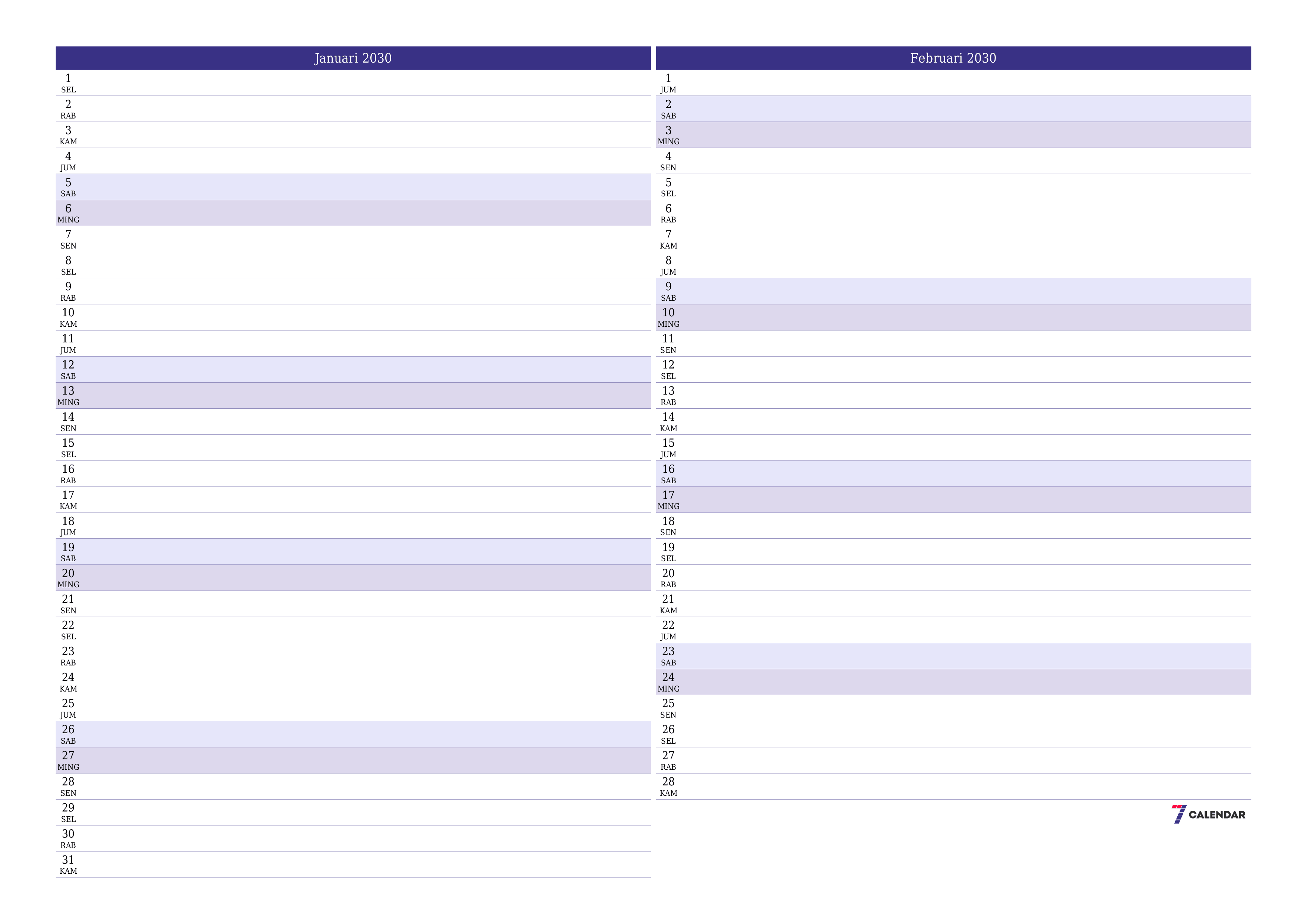 Kosongkan agenda bulanan untuk bulan Januari 2030 dengan catatan, simpan dan cetak ke PDF PNG Indonesian
