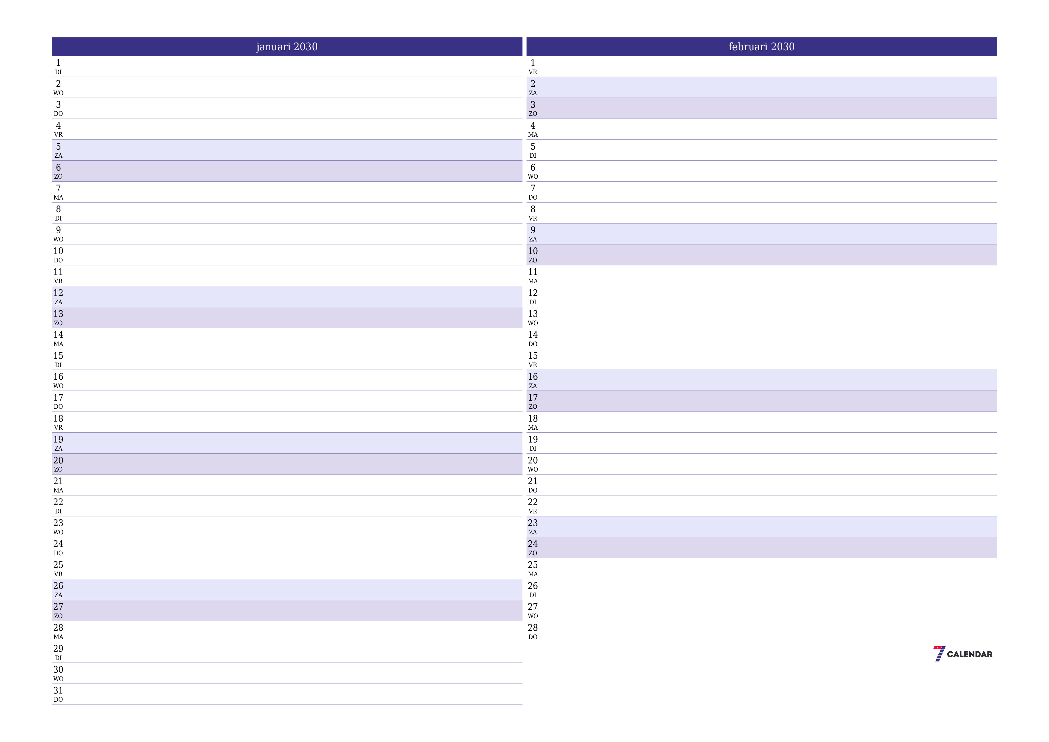 Lege maandplanner voor maand januari 2030 met notities, opslaan en afdrukken naar pdf PNG Dutch