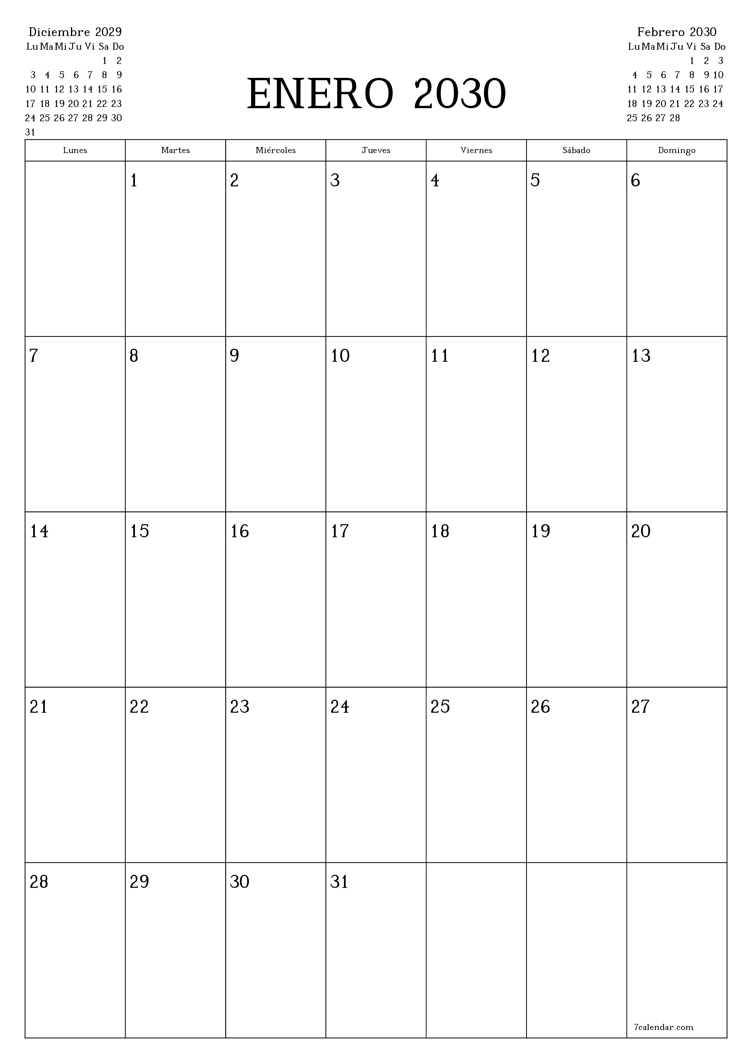  imprimible de pared plantilla de gratisvertical Mensual planificador calendario Enero (Ene) 2030
