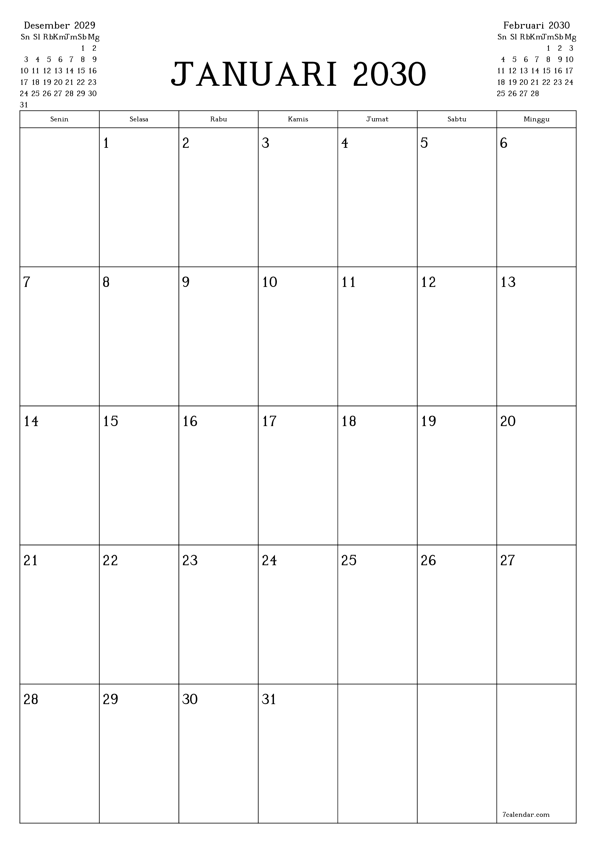  yang dapat dicetak dinding templat gratisvertikal Bulanan perencana kalender Januari (Jan) 2030