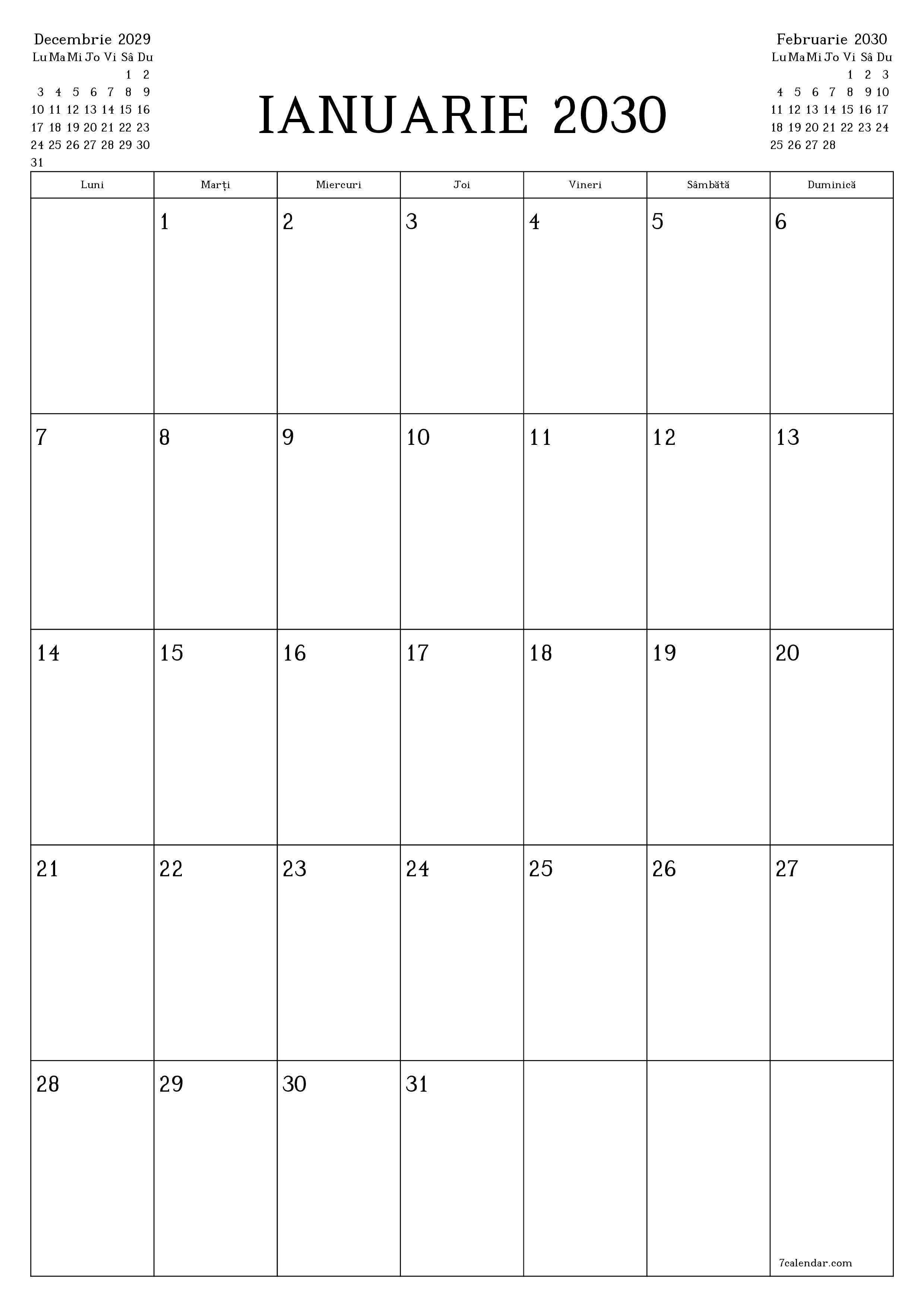  imprimabil de perete șablon de gratuitvertical Lunar planificator calendar Ianuarie (Ian) 2030