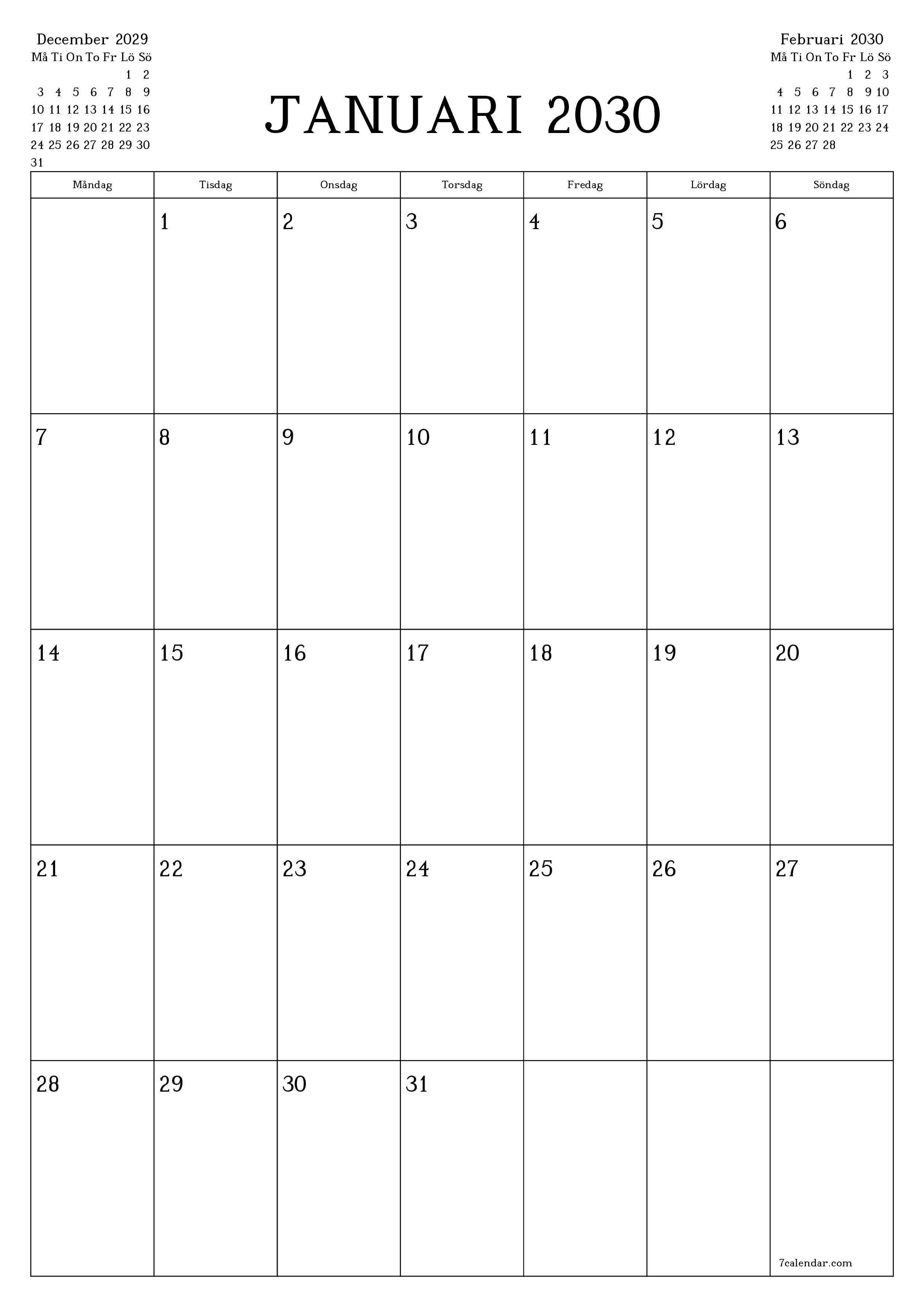 utskrivbar vägg mall gratis vertikal Månatlig planerare kalender Januari (Jan) 2030