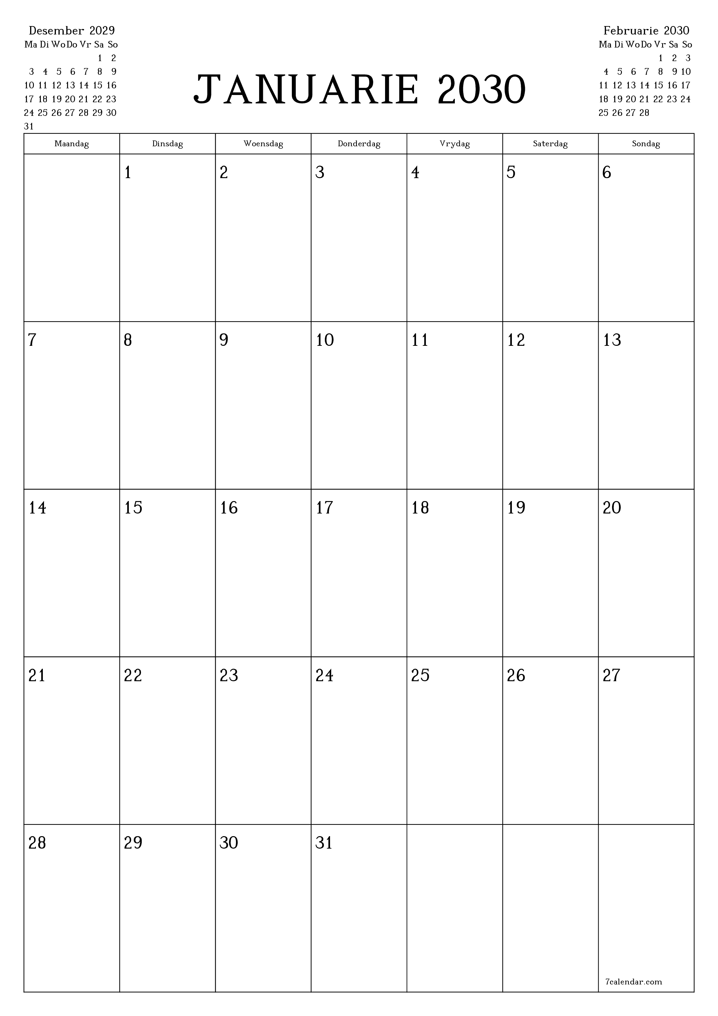 drukbare muur template gratis vertikaal Maandeliks beplanner kalender Januarie (Jan) 2030