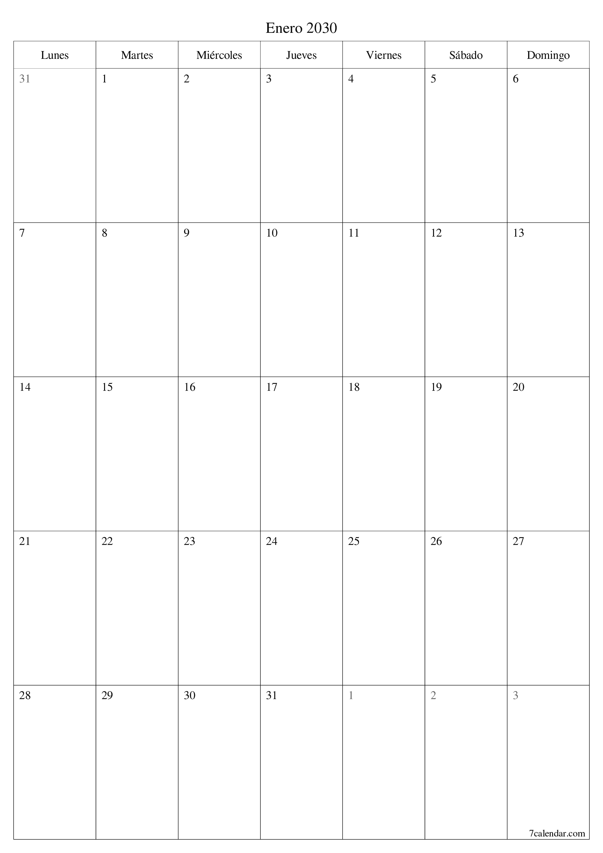 imprimible de pared plantilla de gratisvertical Mensual planificador calendario Enero (Ene) 2030