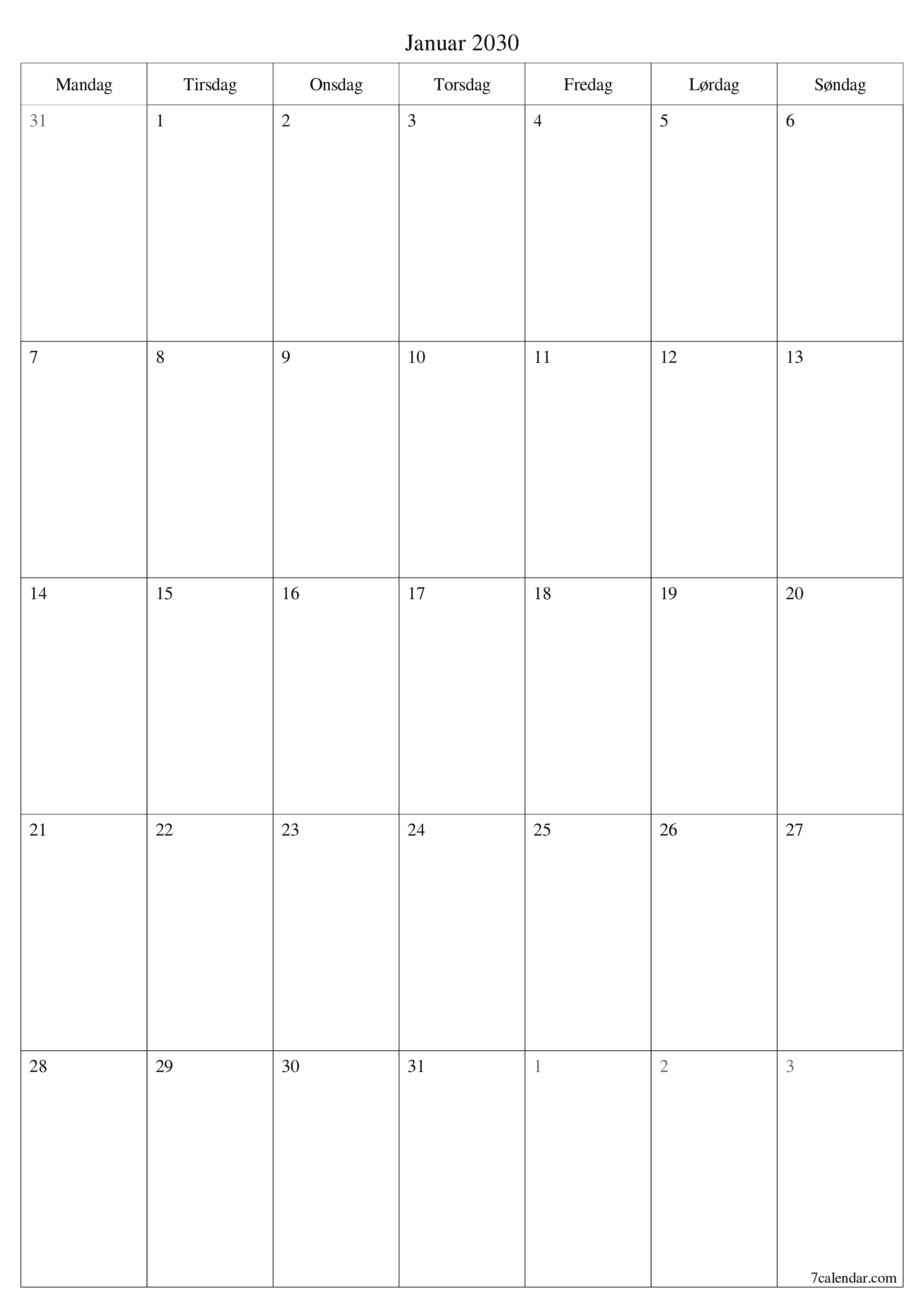 utskrivbar vegg mal gratis vertikal Månedlig planlegger kalender Januar (Jan) 2030