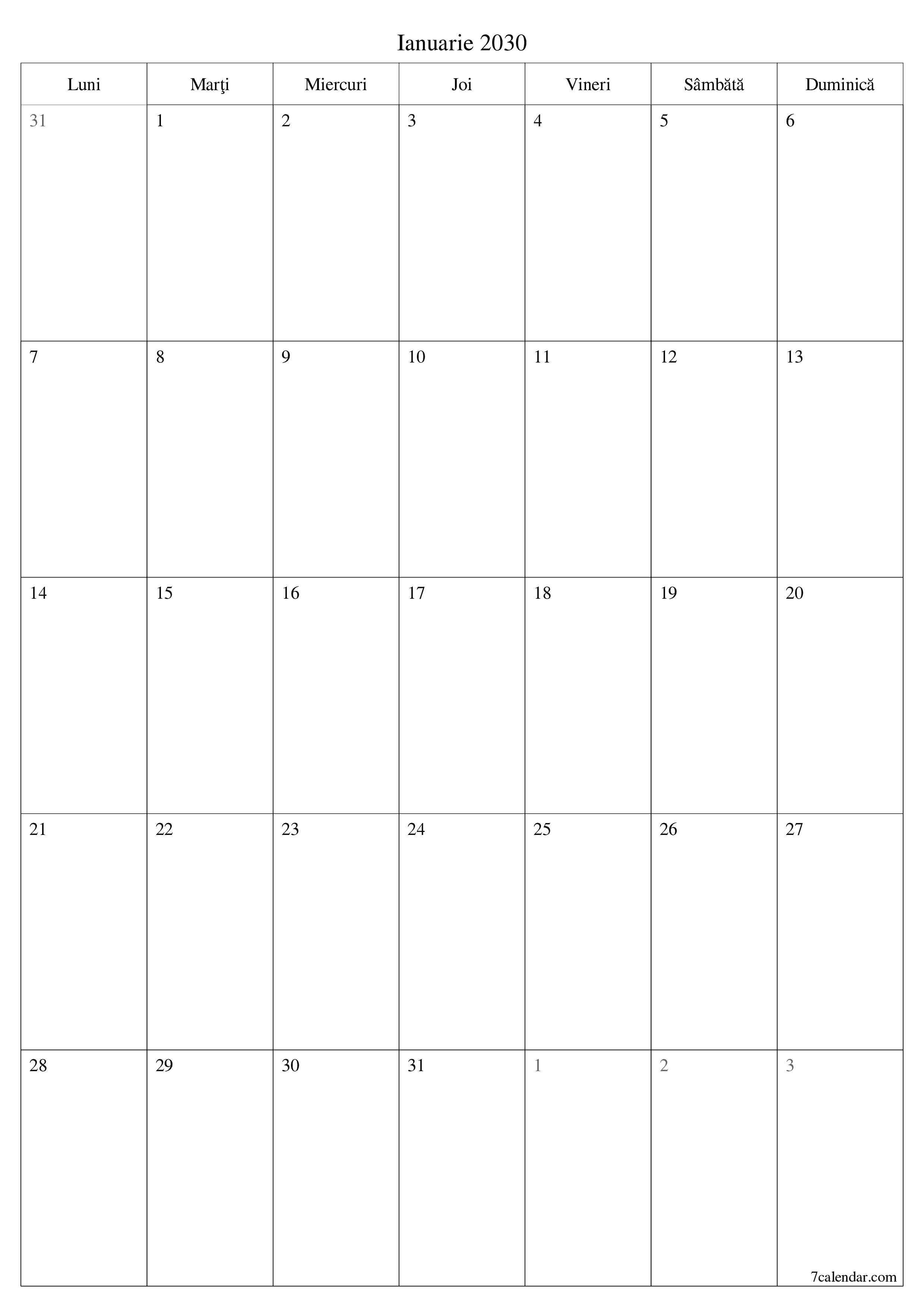  imprimabil de perete șablon de gratuitvertical Lunar planificator calendar Ianuarie (Ian) 2030