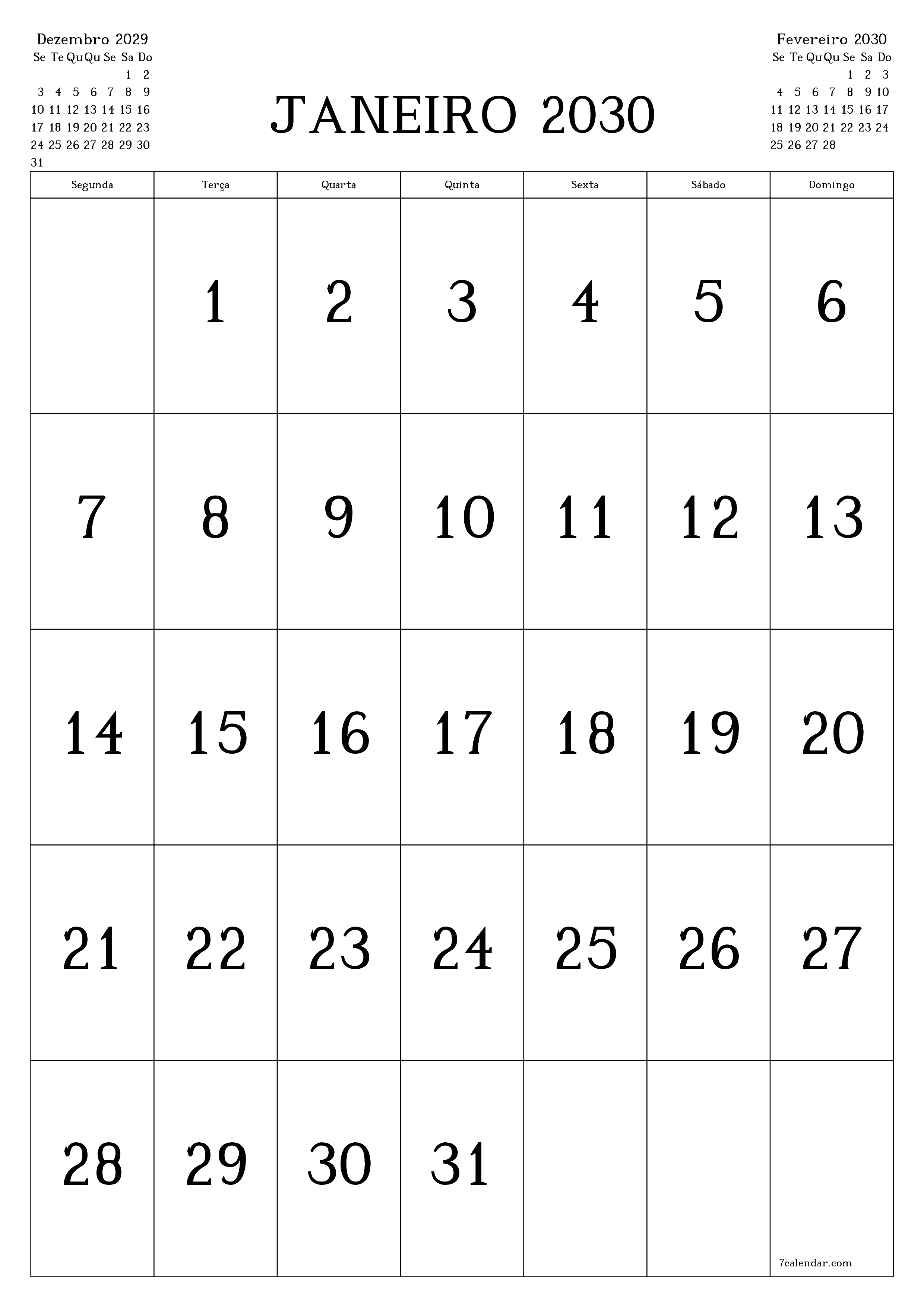  para impressão de parede modelo de grátisvertical Mensal calendário Janeiro (Jan) 2030