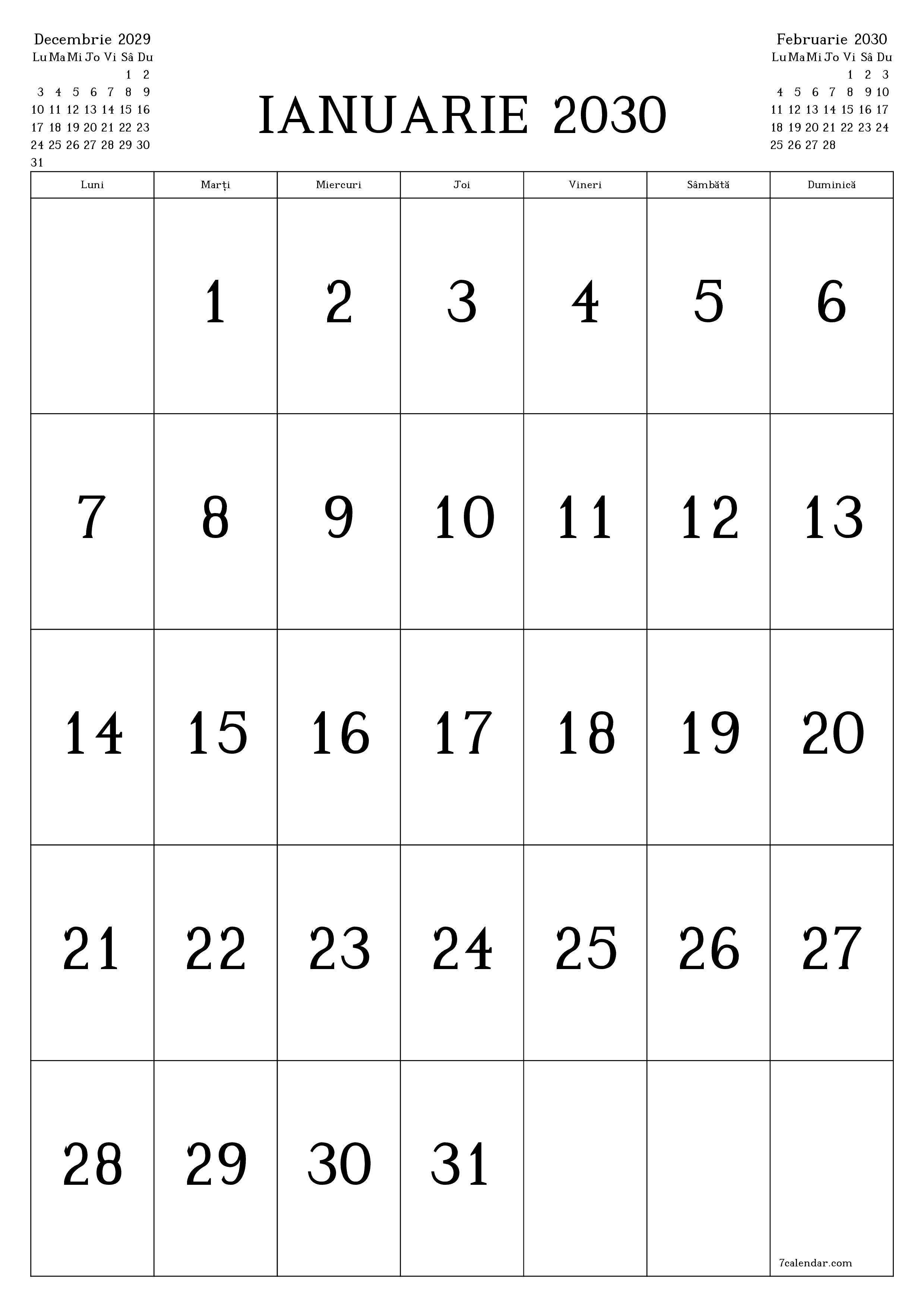  imprimabil de perete șablon de gratuitvertical Lunar calendar Ianuarie (Ian) 2030