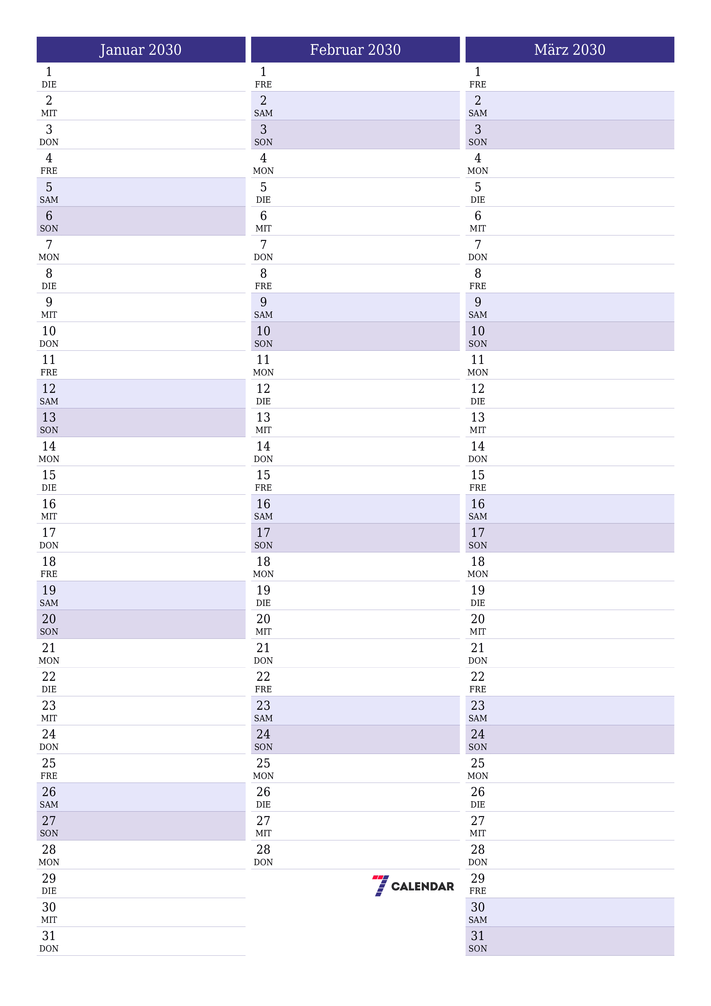  zum Ausdrucken Wandkalender vorlage kostenloser vertikal Monatlich Planer Kalender Januar (Jan) 2030