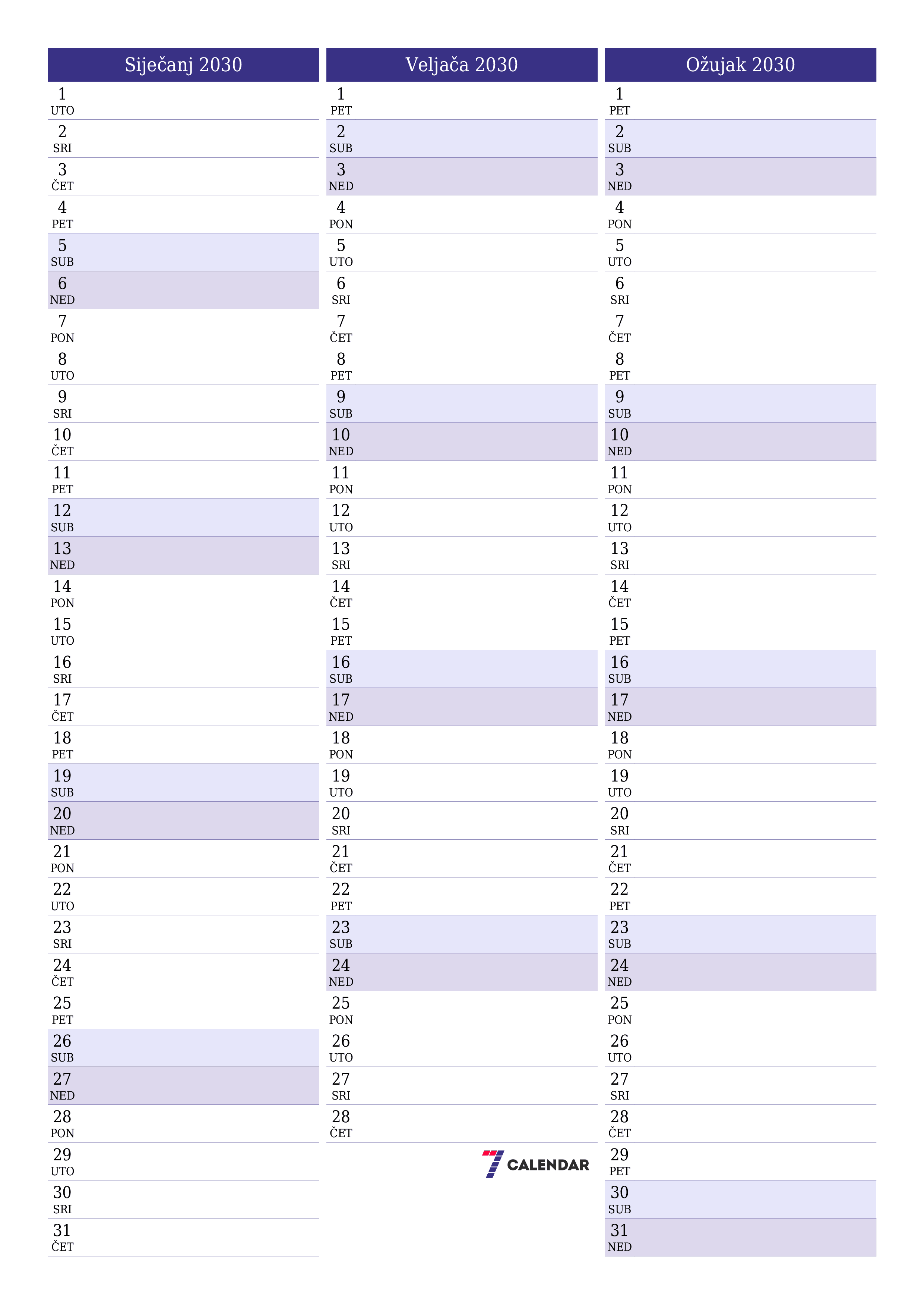  za ispis zidni predložak a besplatni okomito Mjesečni planer kalendar Siječanj (Sij) 2030
