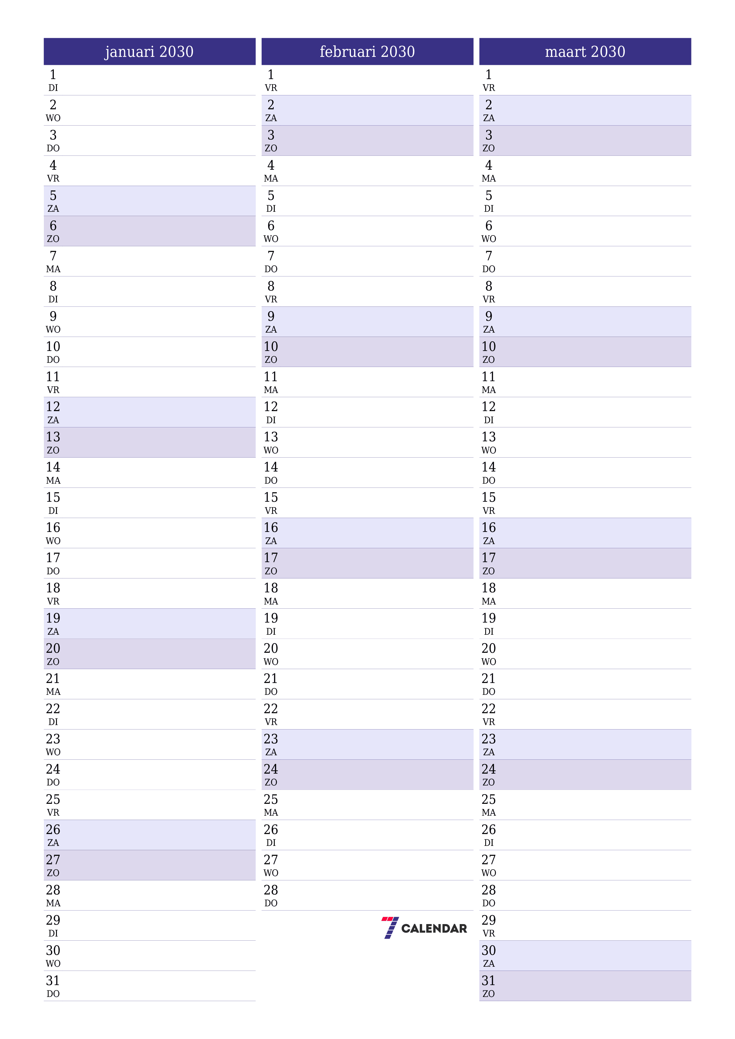 afdrukbare muur sjabloon gratis verticaal Maandelijks planner kalender januari (jan) 2030