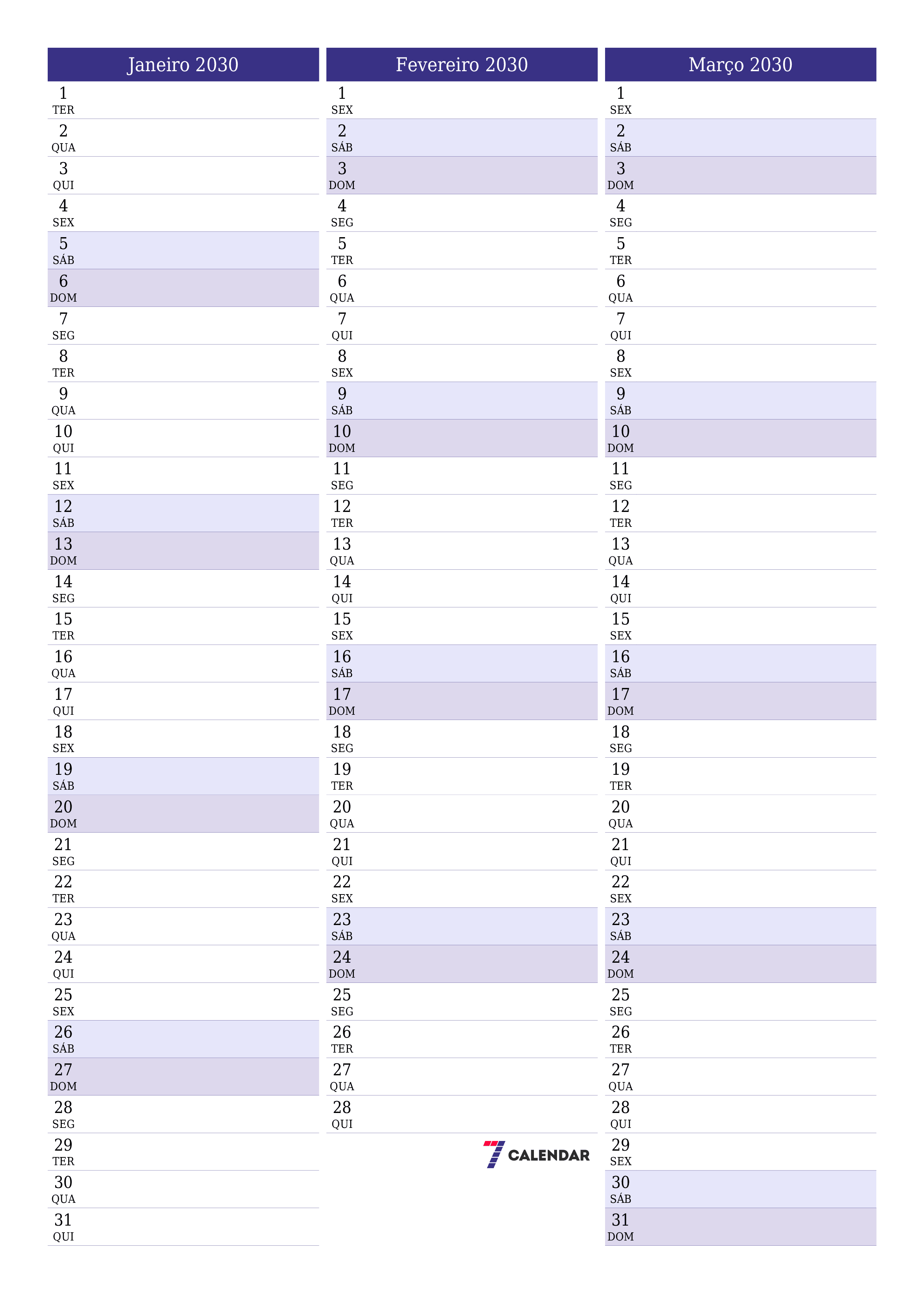  para impressão de parede modelo de grátisvertical Mensal planejador calendário Janeiro (Jan) 2030