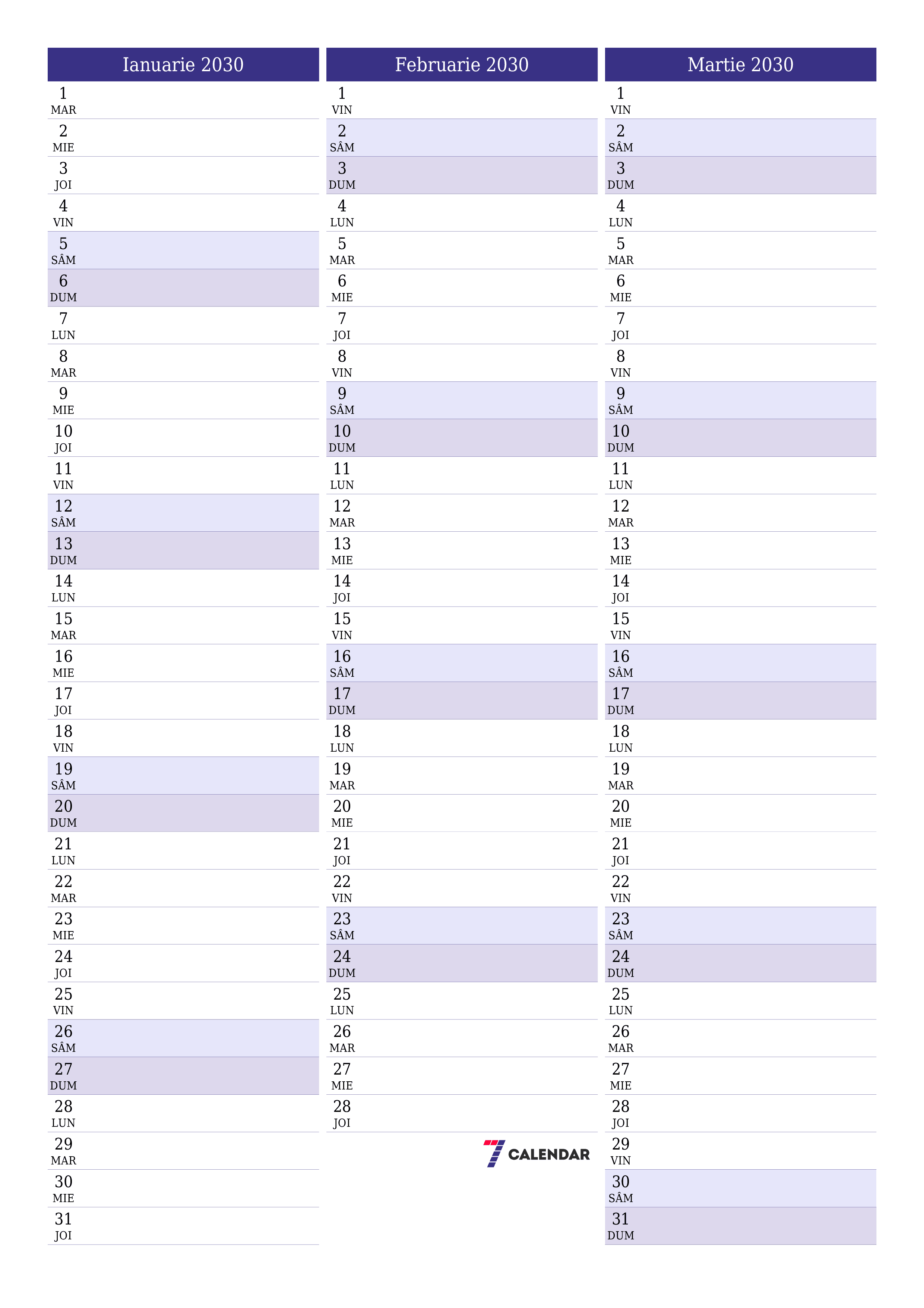  imprimabil de perete șablon de gratuitvertical Lunar planificator calendar Ianuarie (Ian) 2030