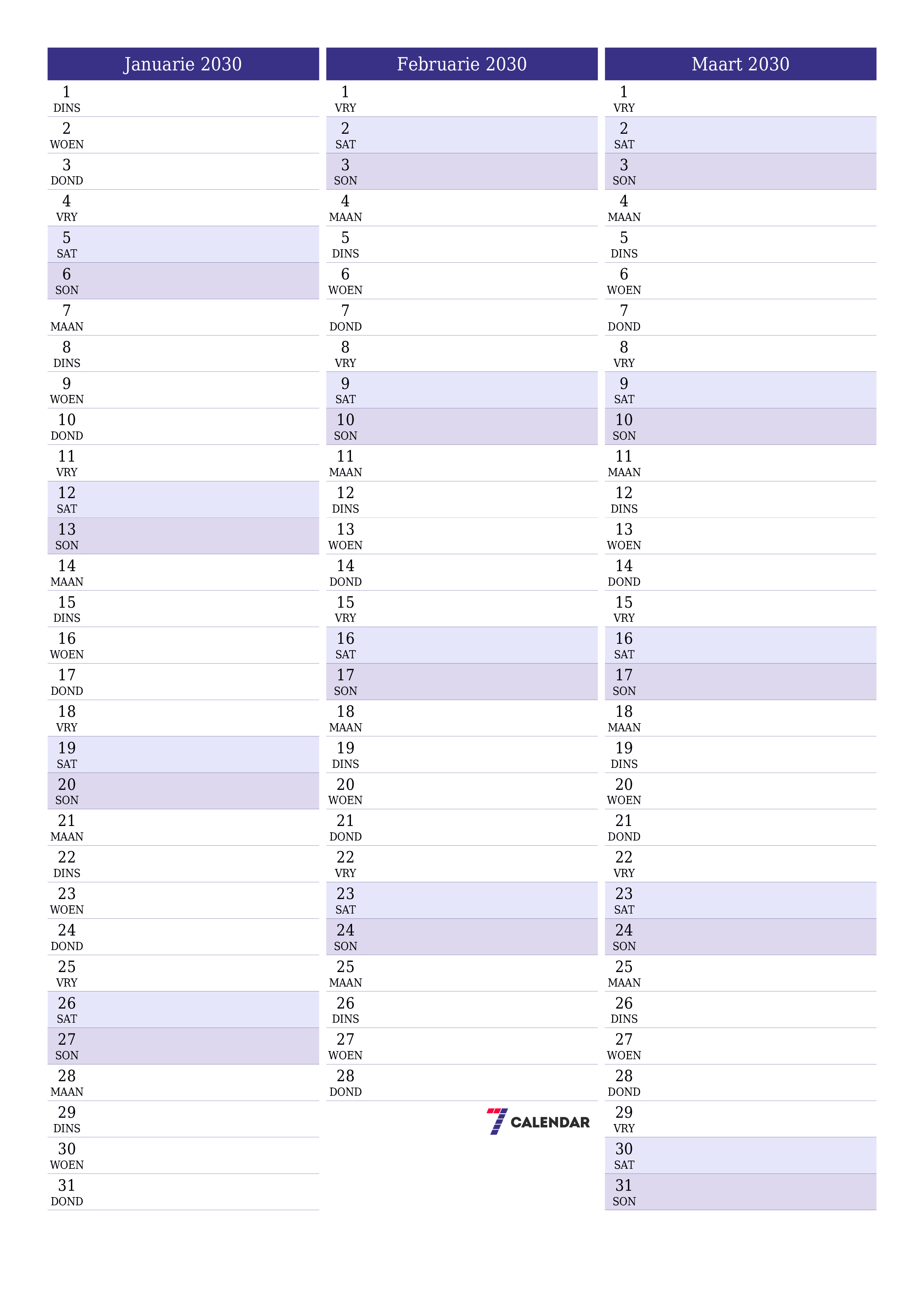 drukbare muur template gratis vertikaal Maandeliks beplanner kalender Januarie (Jan) 2030
