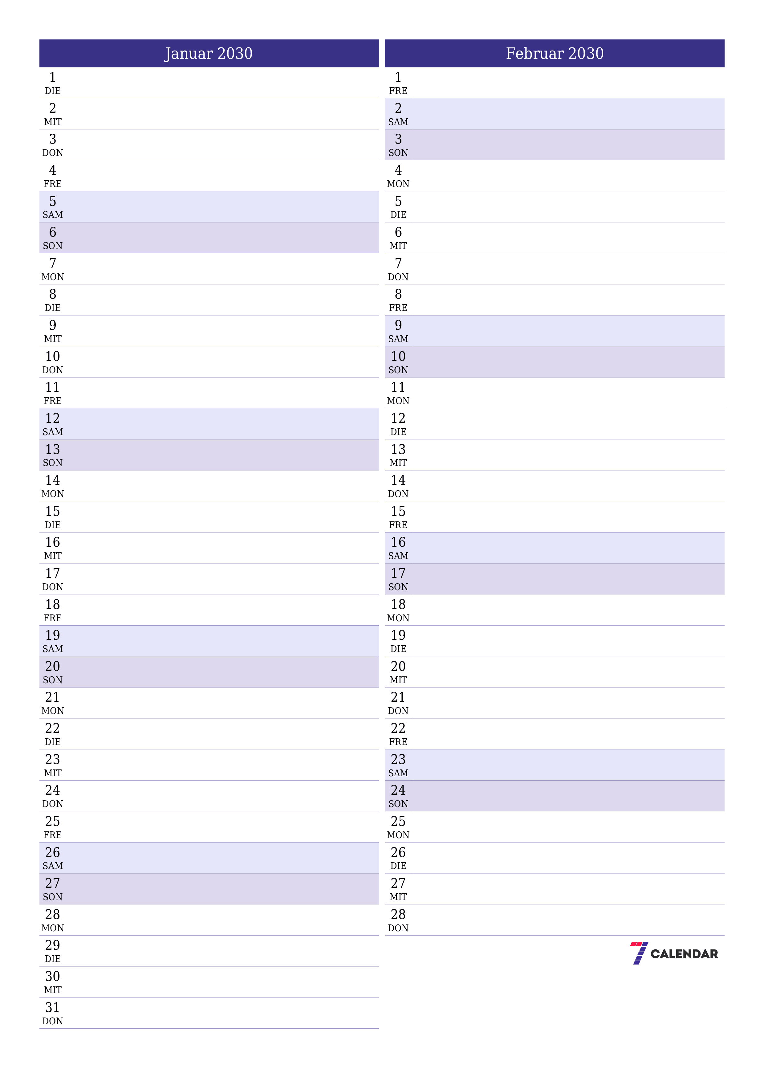  zum Ausdrucken Wandkalender vorlage kostenloser vertikal Monatlich Planer Kalender Januar (Jan) 2030