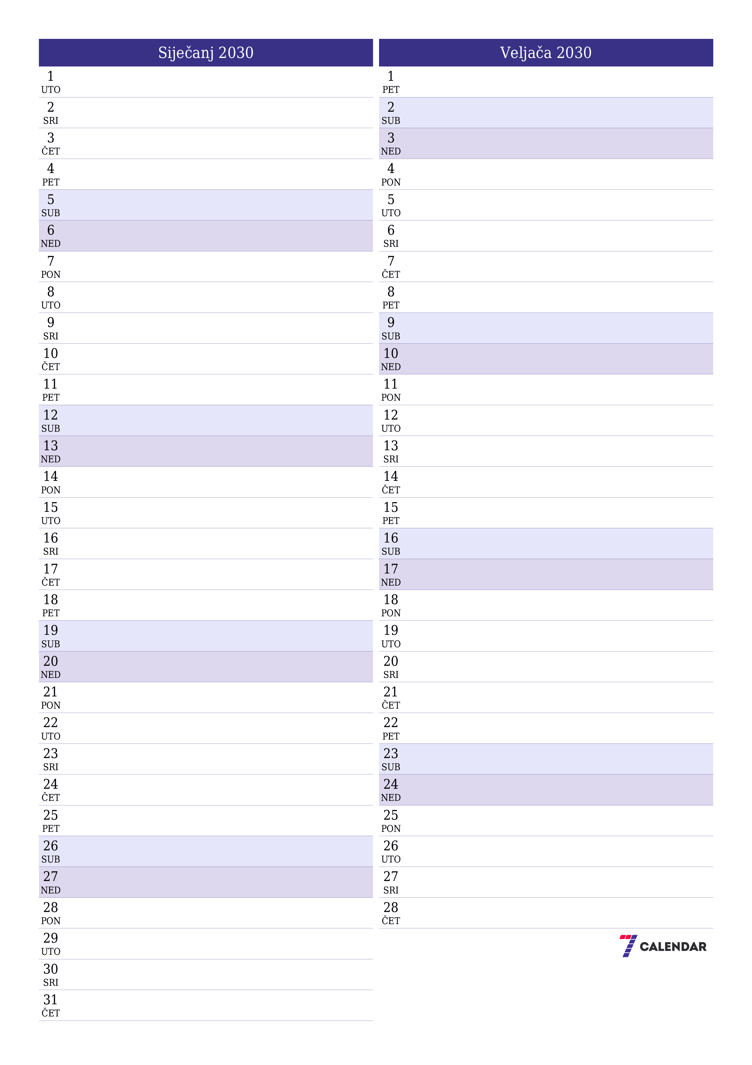  za ispis zidni predložak a besplatni okomito Mjesečni planer kalendar Siječanj (Sij) 2030