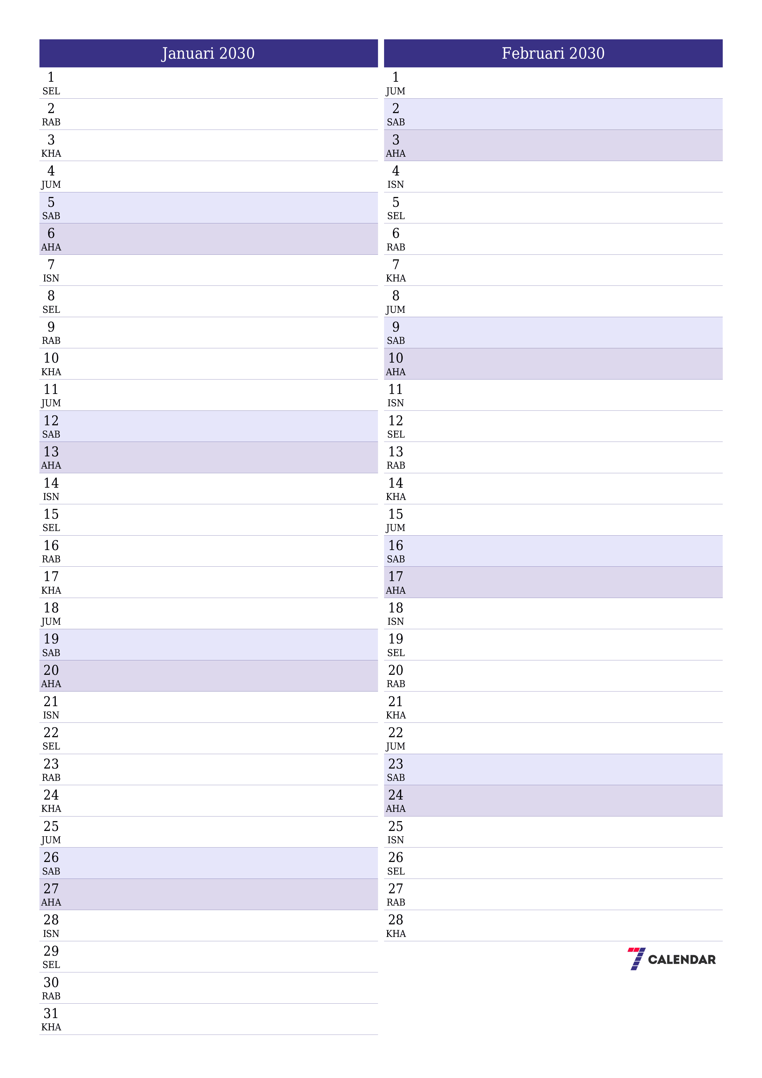  boleh cetak dinding templat percumamenegak Bulanan perancang kalendar Januari (Jan) 2030