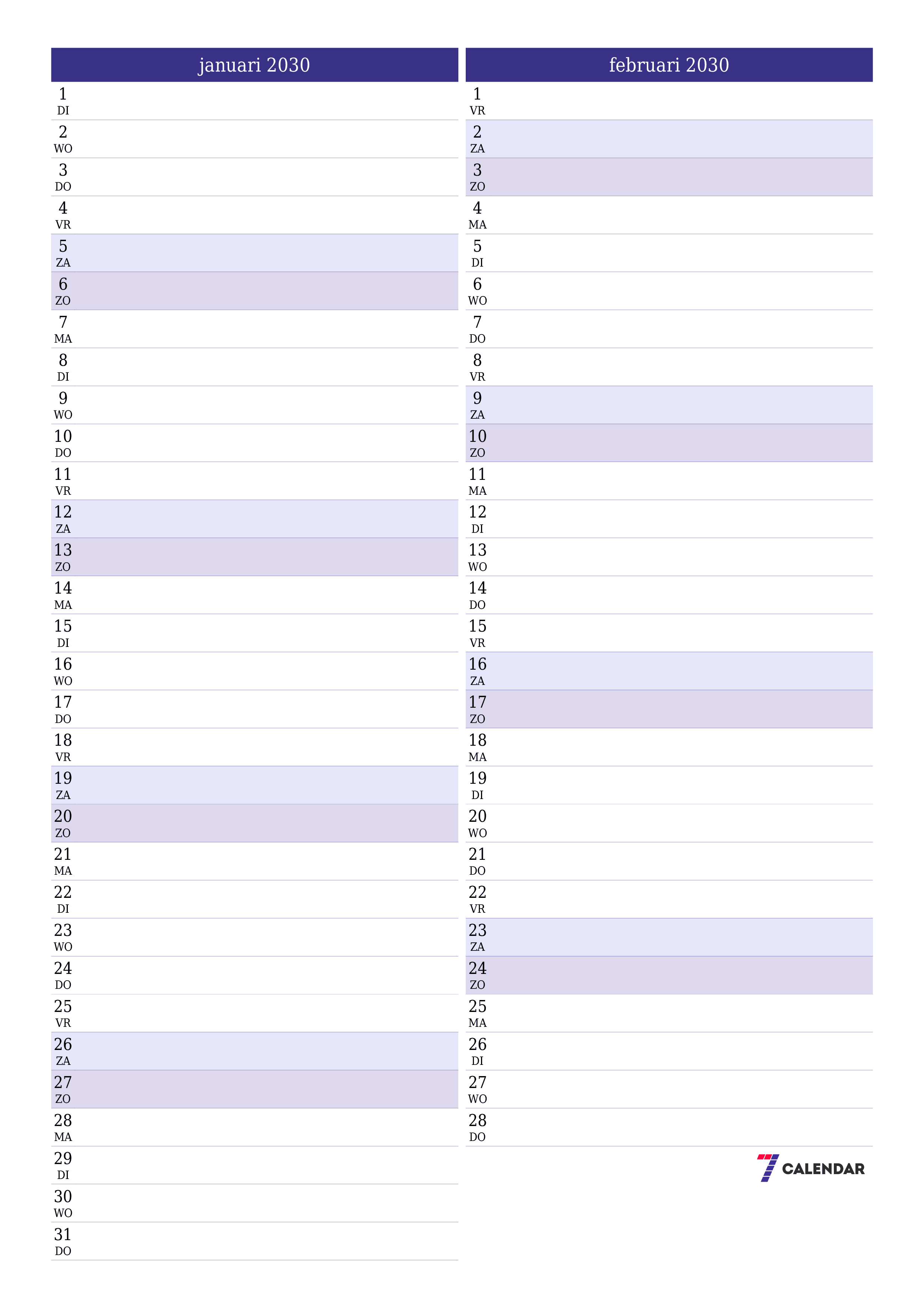 afdrukbare muur sjabloon gratis verticaal Maandelijks planner kalender januari (jan) 2030
