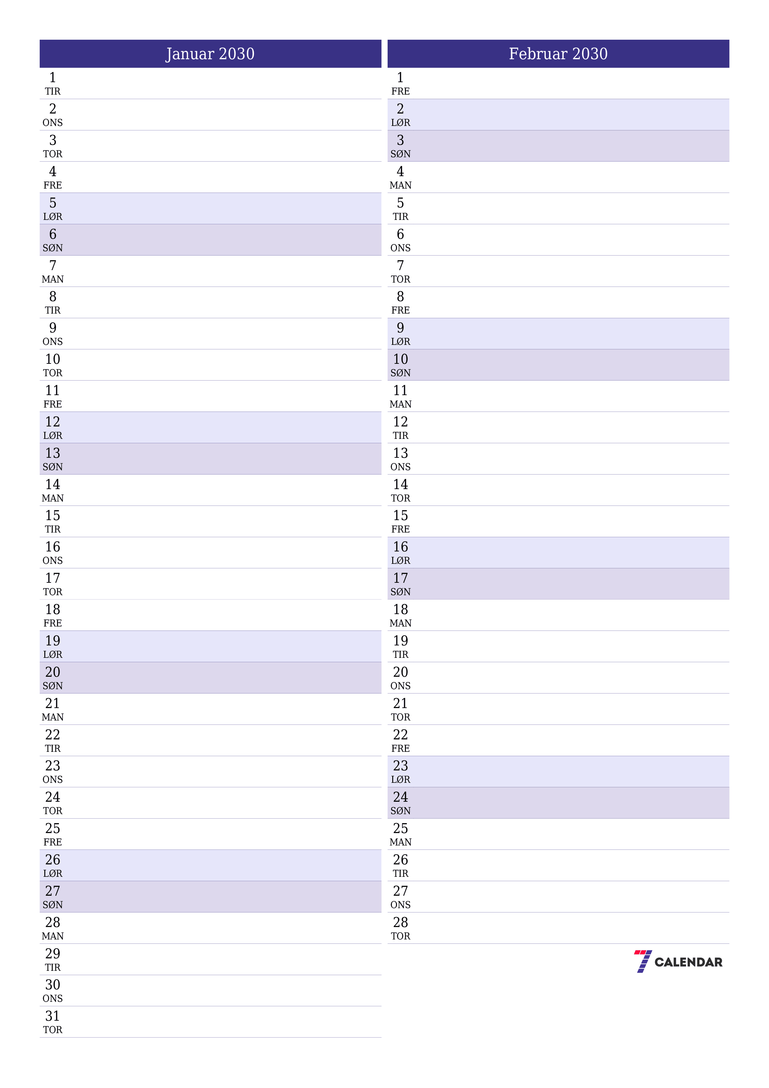 utskrivbar vegg mal gratis vertikal Månedlig planlegger kalender Januar (Jan) 2030