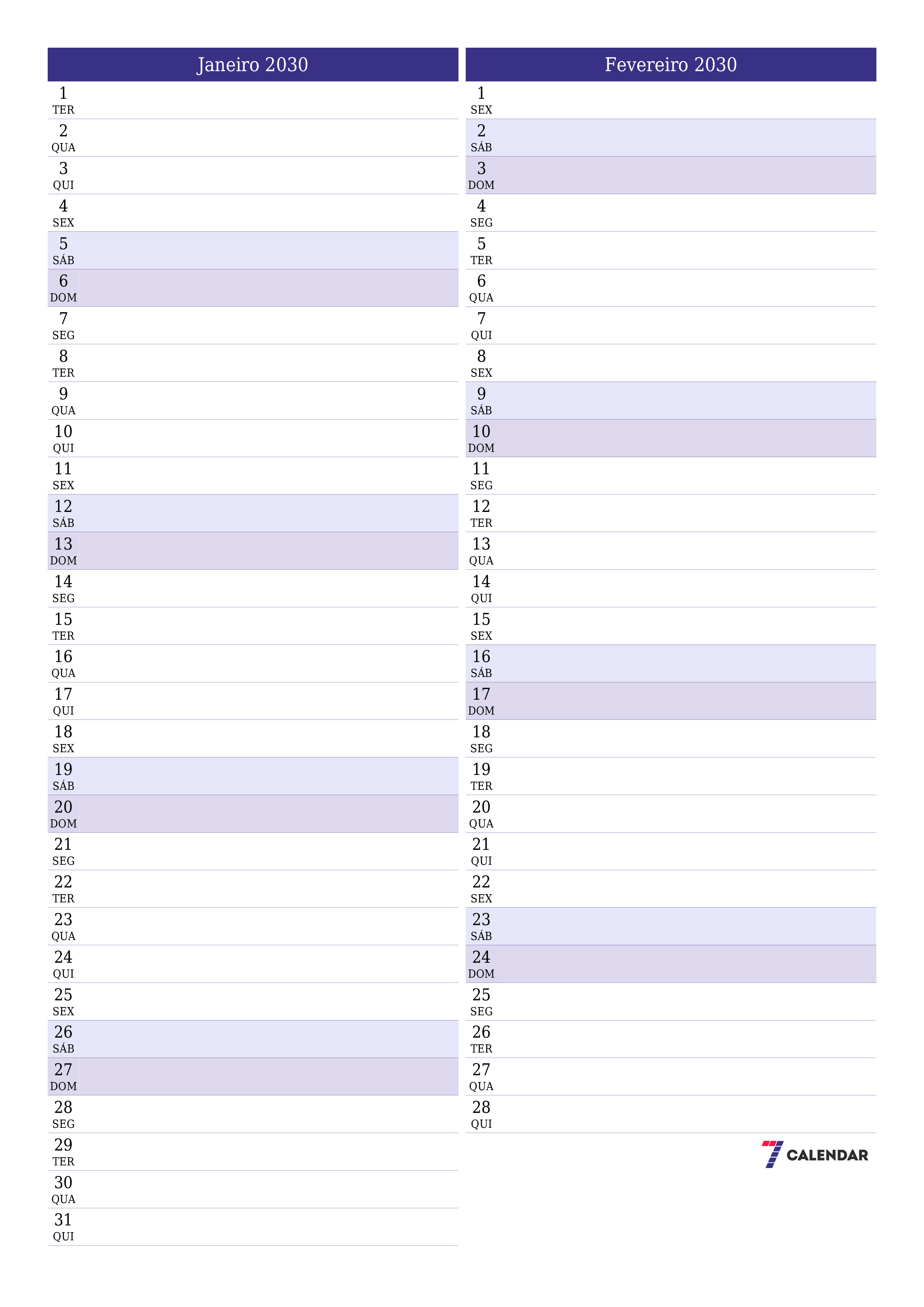  para impressão de parede modelo de grátisvertical Mensal planejador calendário Janeiro (Jan) 2030