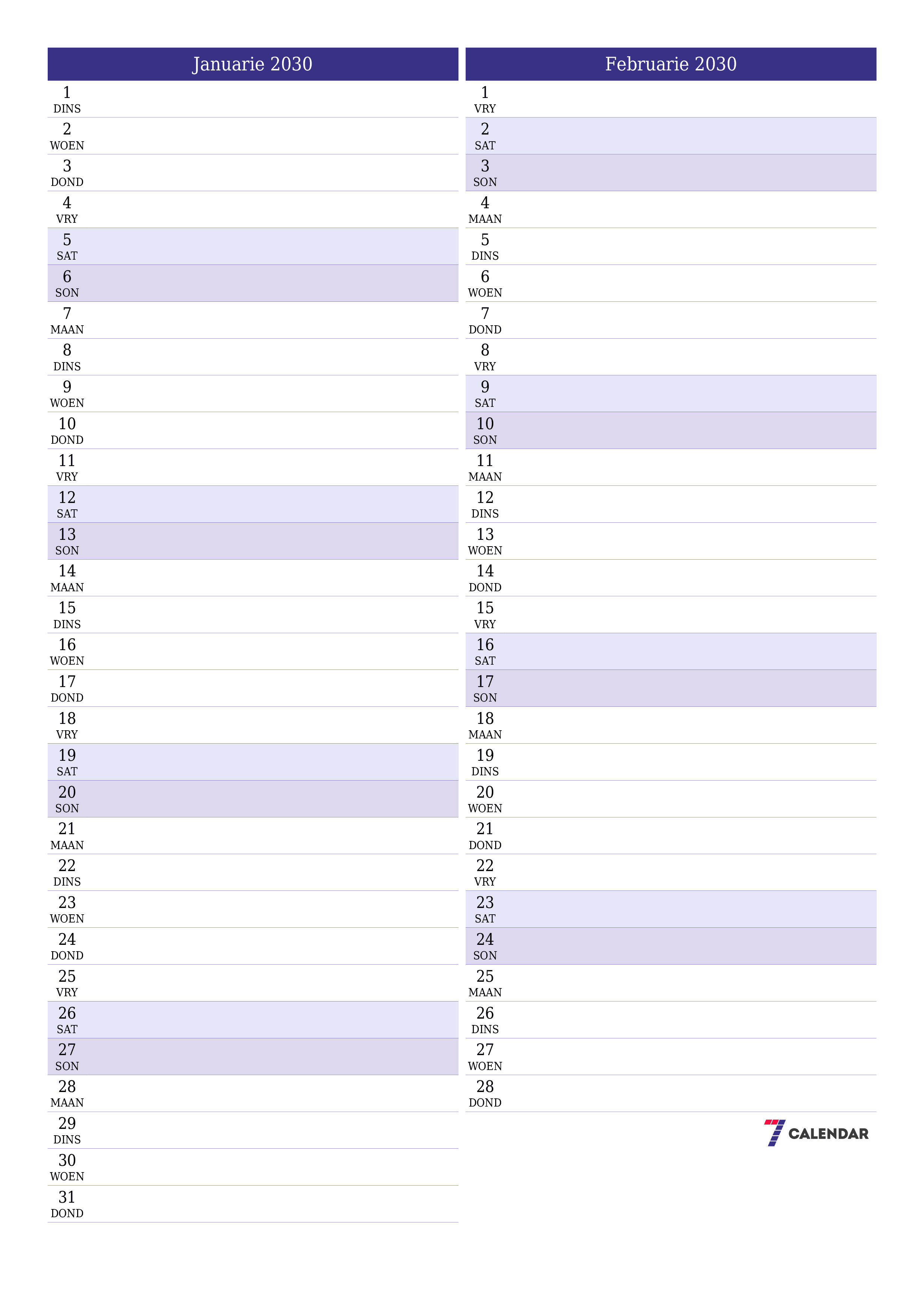 drukbare muur template gratis vertikaal Maandeliks beplanner kalender Januarie (Jan) 2030