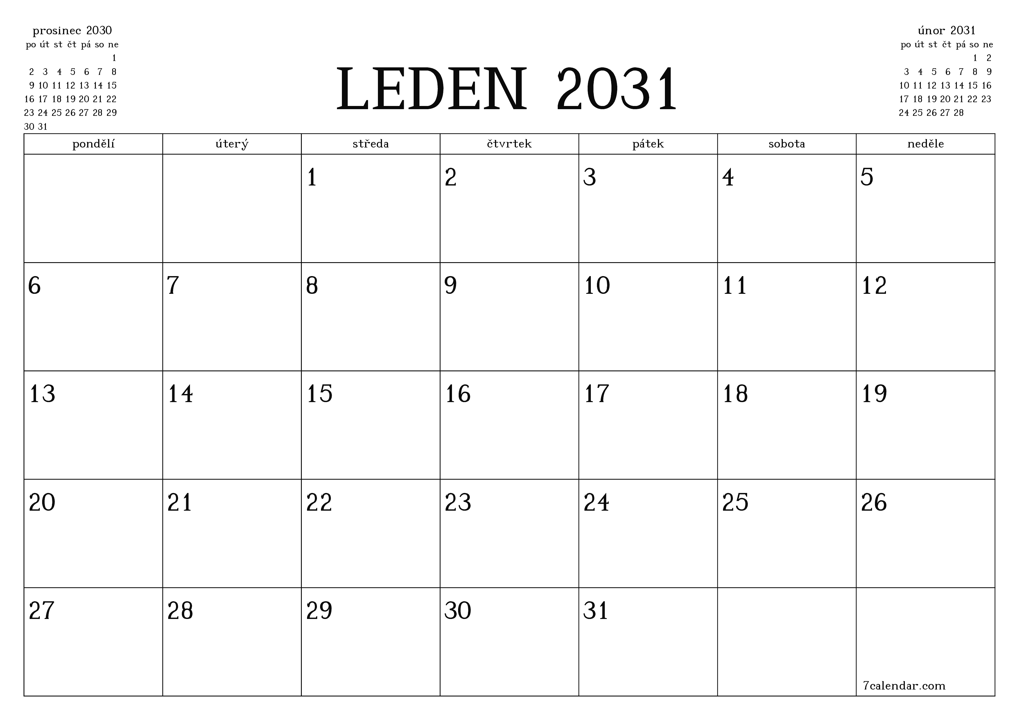 Vyprázdnit měsíční plánovač na měsíc leden 2031 s poznámkami, uložit a vytisknout do PDF PNG Czech