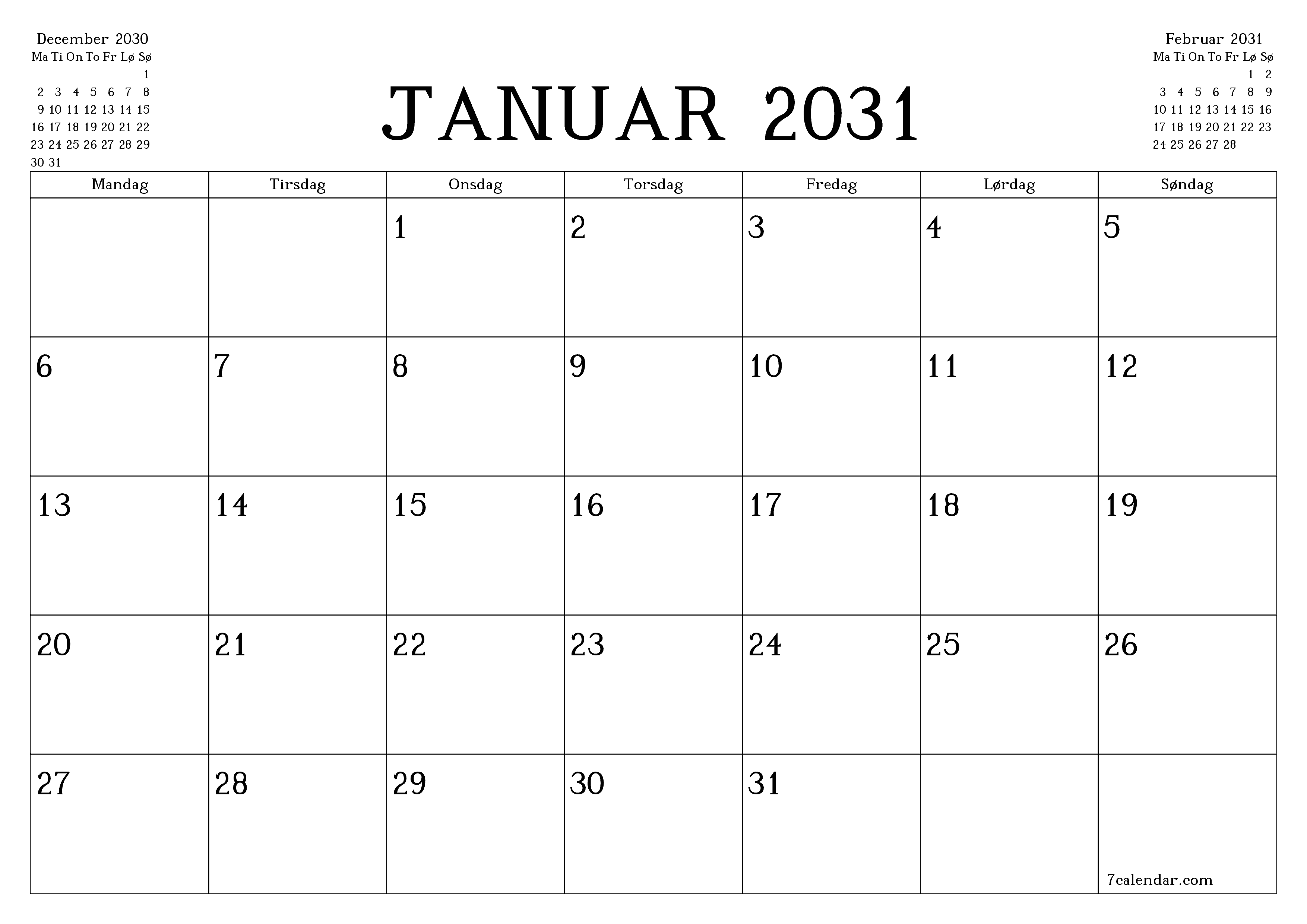 Tom månedlig planlægning for måned Januar 2031 med noter, gem og udskriv til PDF PNG Danish