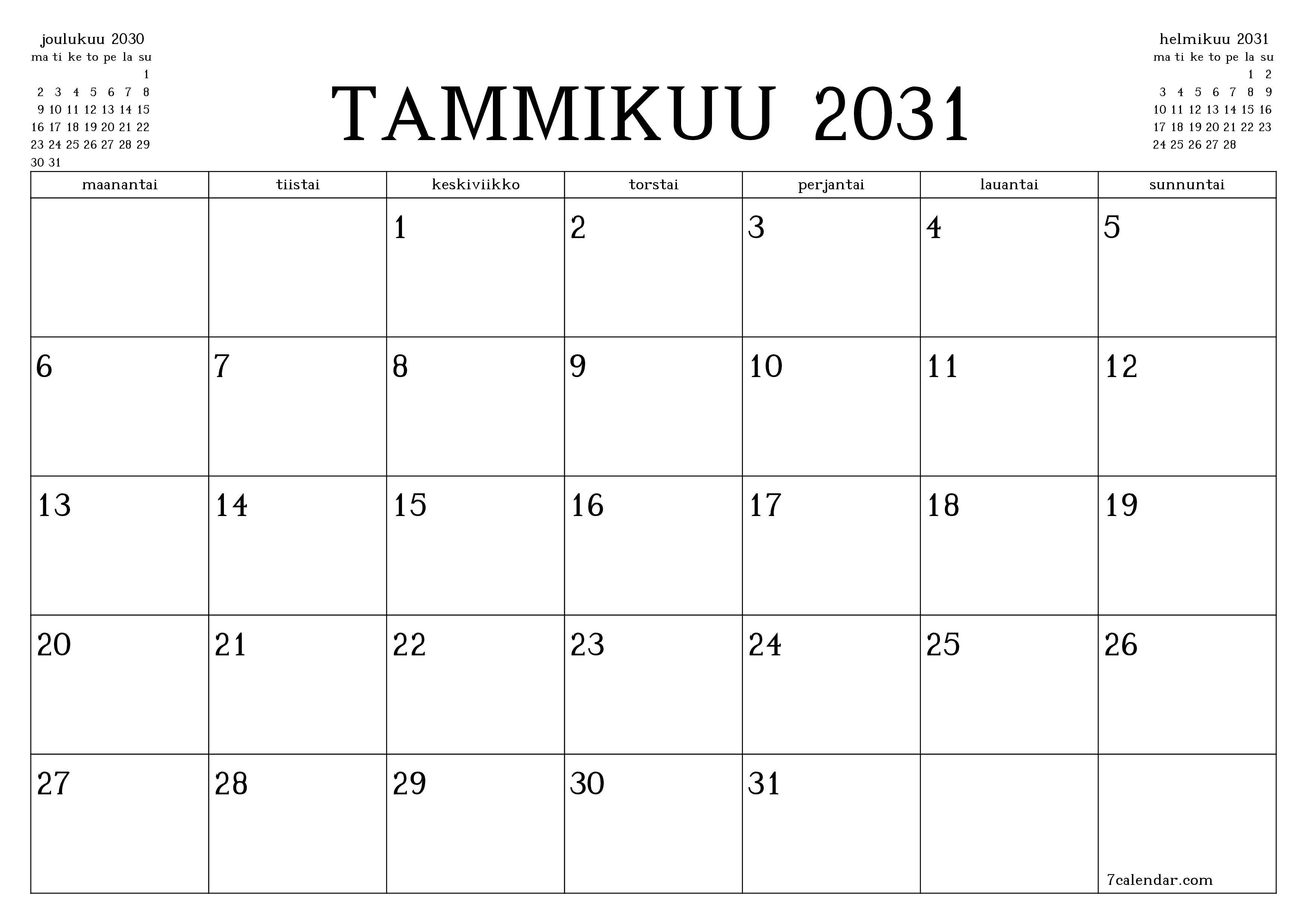 Tyhjennä kuukausittainen suunnittelija kuukaudelle Tammikuu 2031 muistiinpanoilla, tallenna ja tulosta PDF-muotoon PNG Finnish
