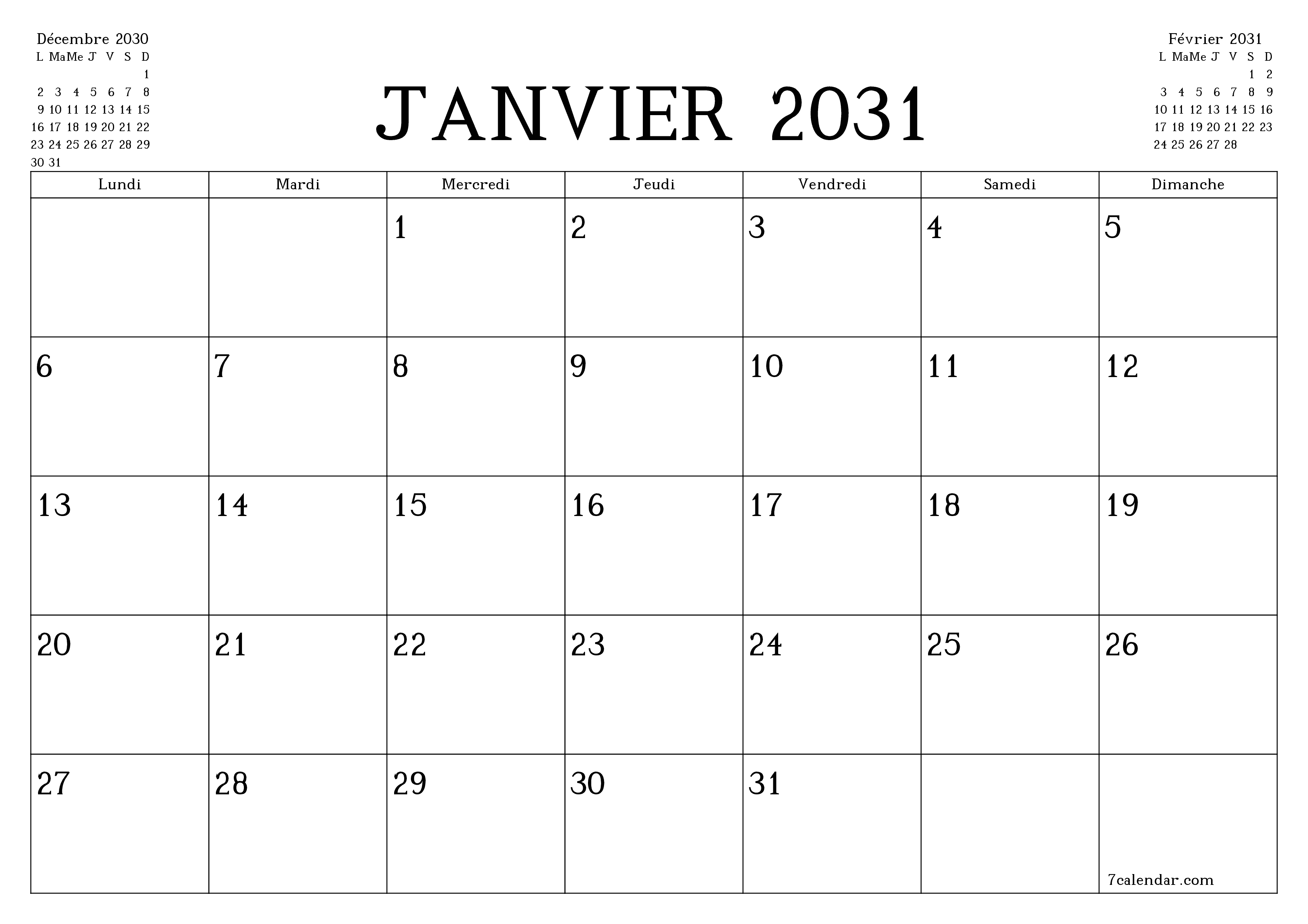Agenda mensuel vide pour le mois Janvier 2031 avec notes, enregistrez et imprimez au format PDF PNG French