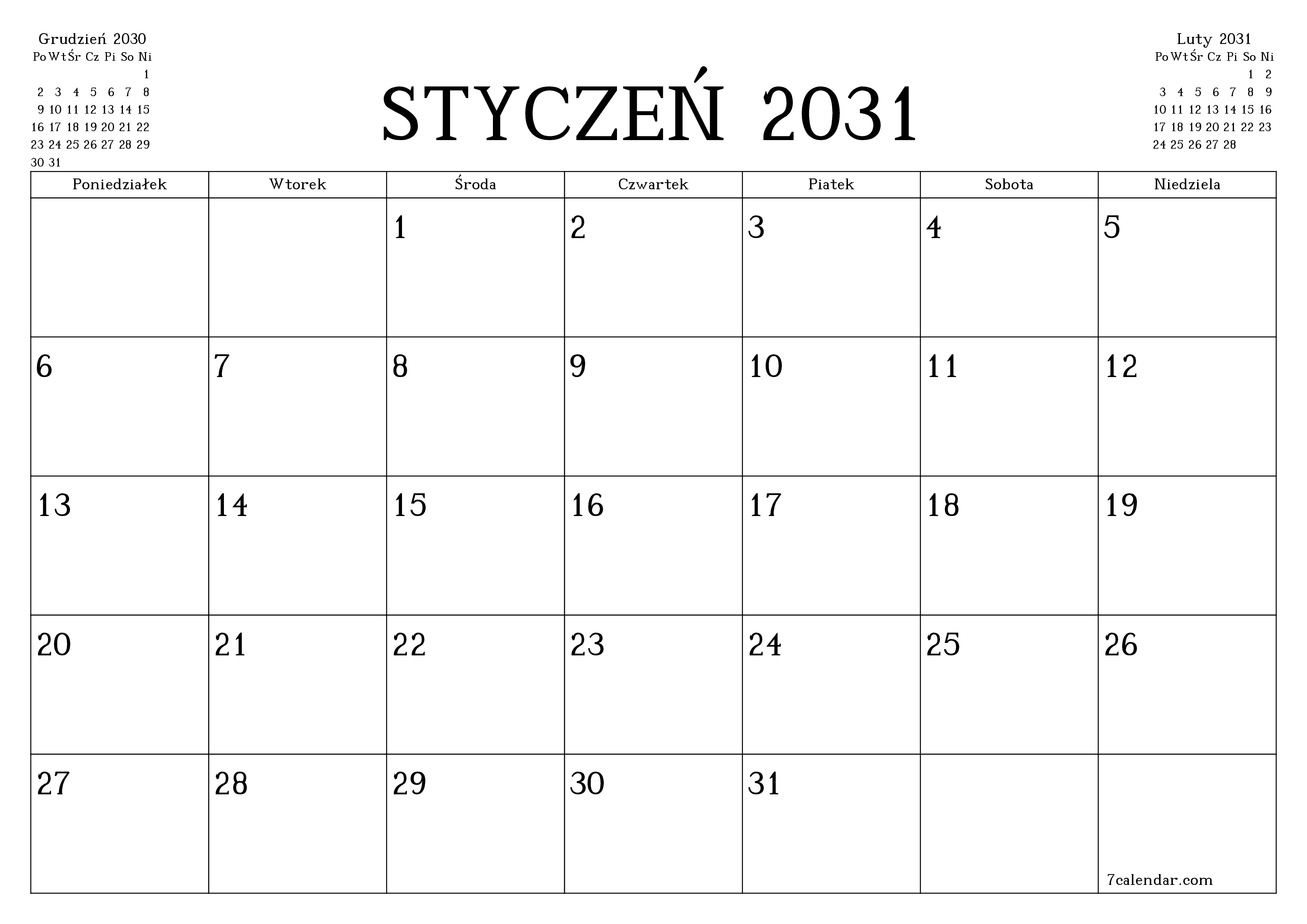 Opróżnij miesięczny planer na miesiąc Styczeń 2031 z notatkami, zapisz i wydrukuj w formacie PDF PNG Polish