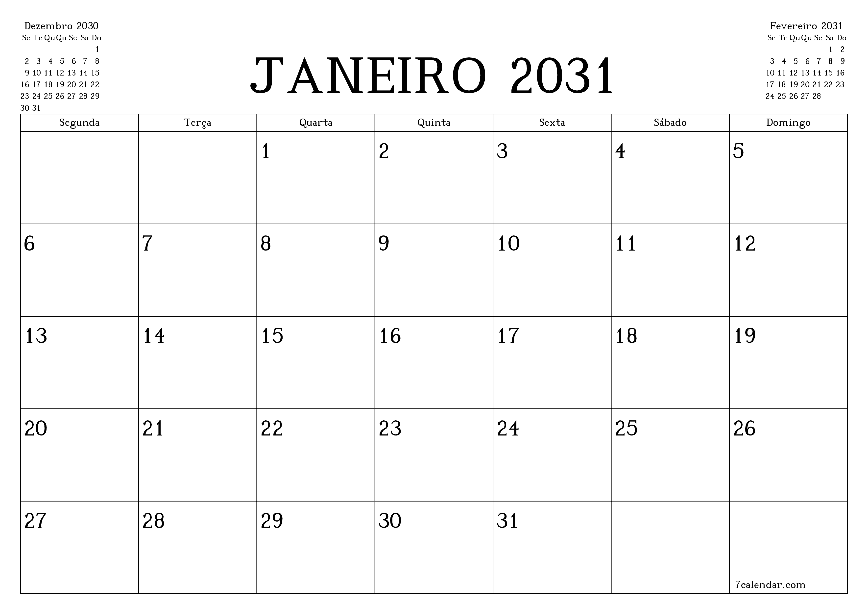 Esvazie o planejador mensal para o mês Janeiro 2031 com notas, salve e imprima em PDF PNG Portuguese