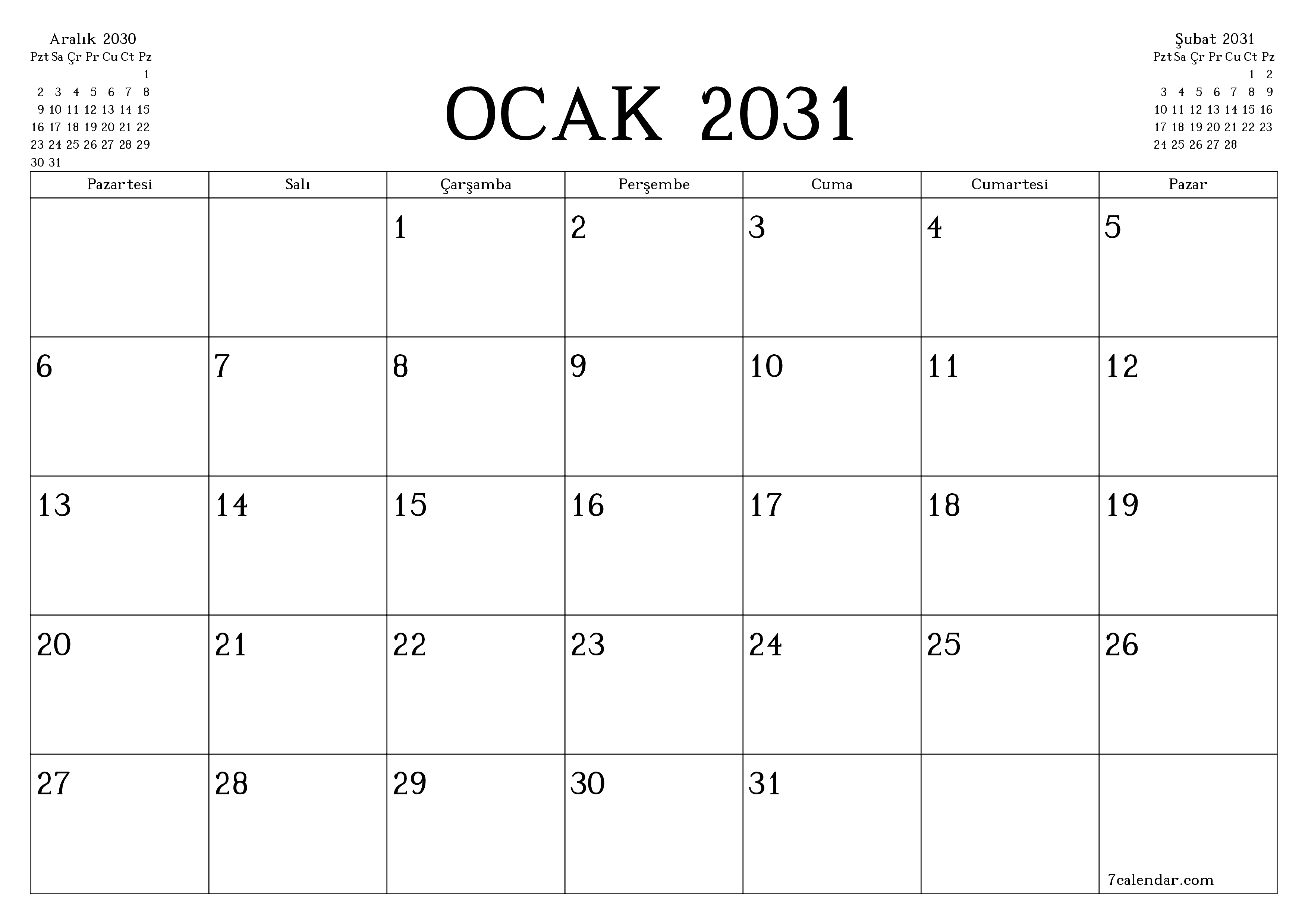 Ocak 2031 ayı için notlarla birlikte boş aylık planlayıcı, kaydedin ve PDF'ye yazdırın PNG Turkish
