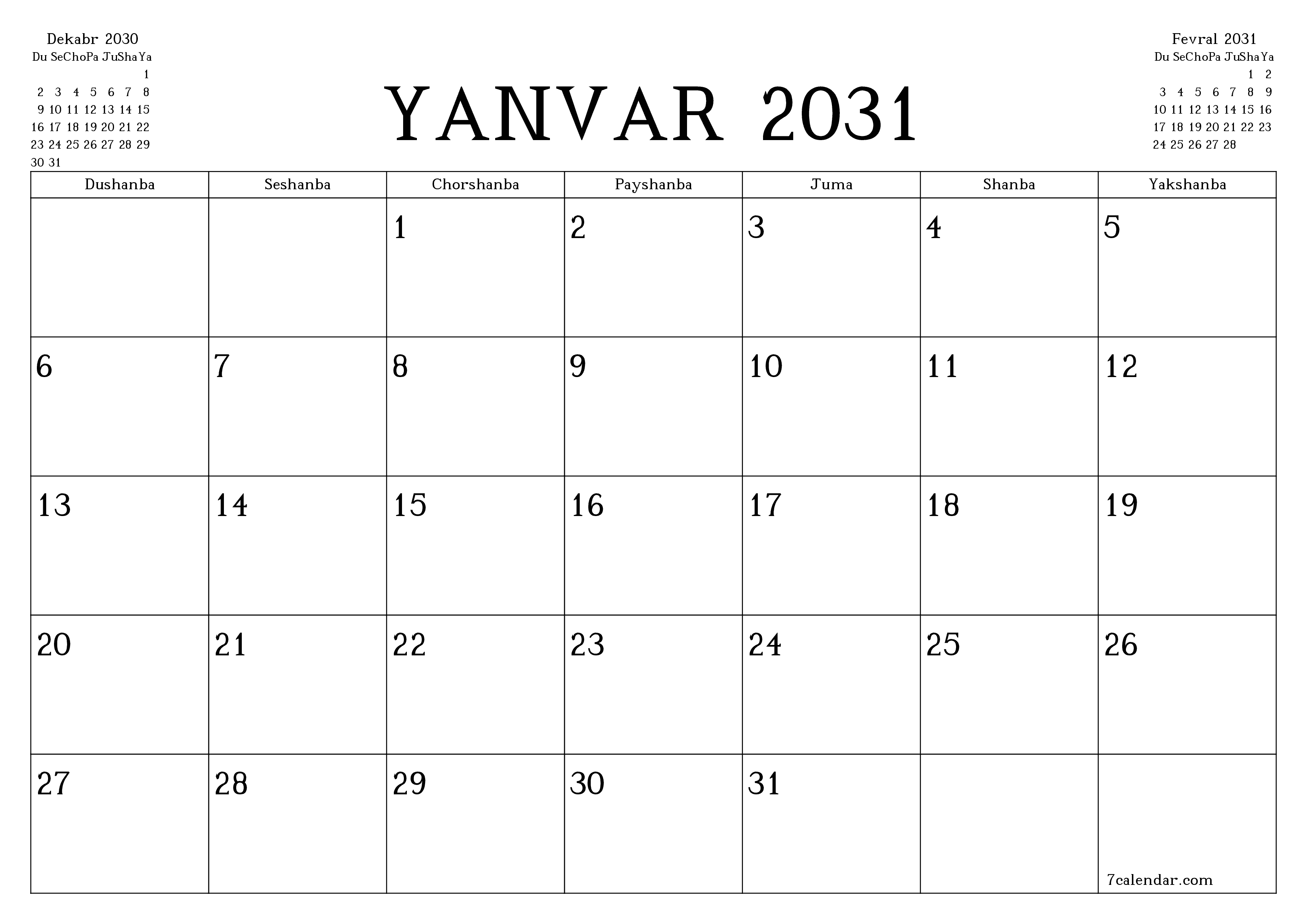 Yanvar 2031 oylik oylik rejalashtiruvchini yozuvlar bilan bo'shatish, saqlash va PDF-ga chop etish PNG Uzbek