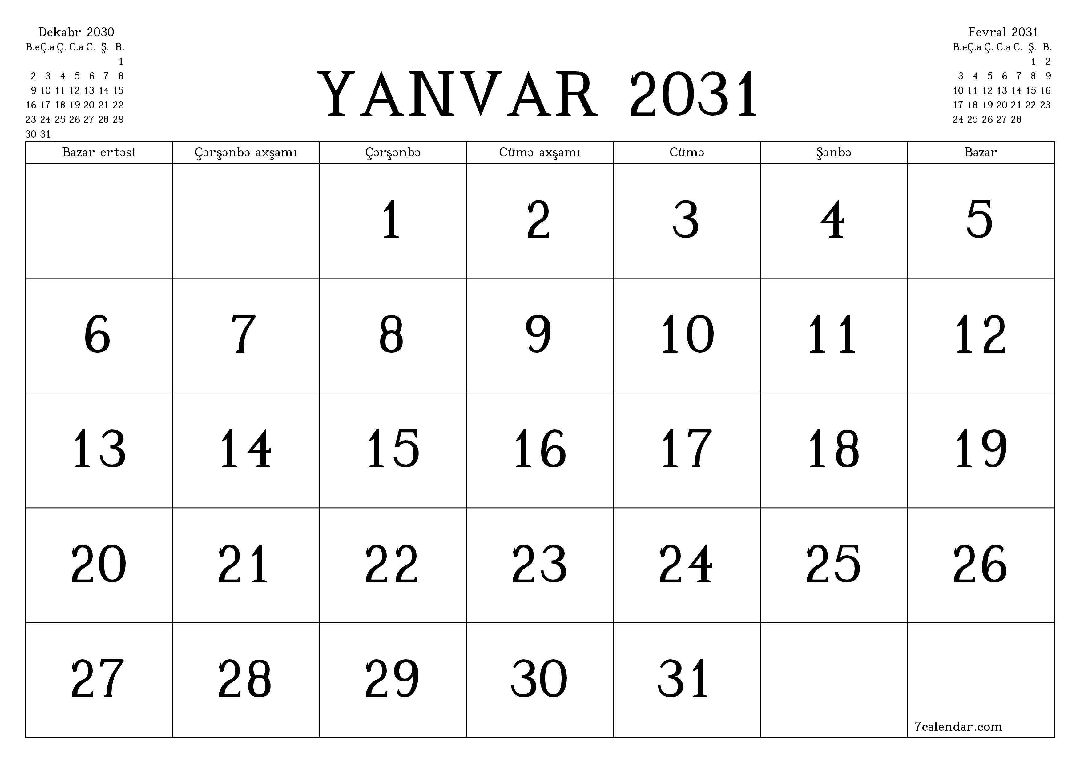 Yanvar 2031 ayı üçün qeydlər ilə boş aylıq planlayıcı, qeyd edin və PDF-ə yazdırın PNG Azerbaijani