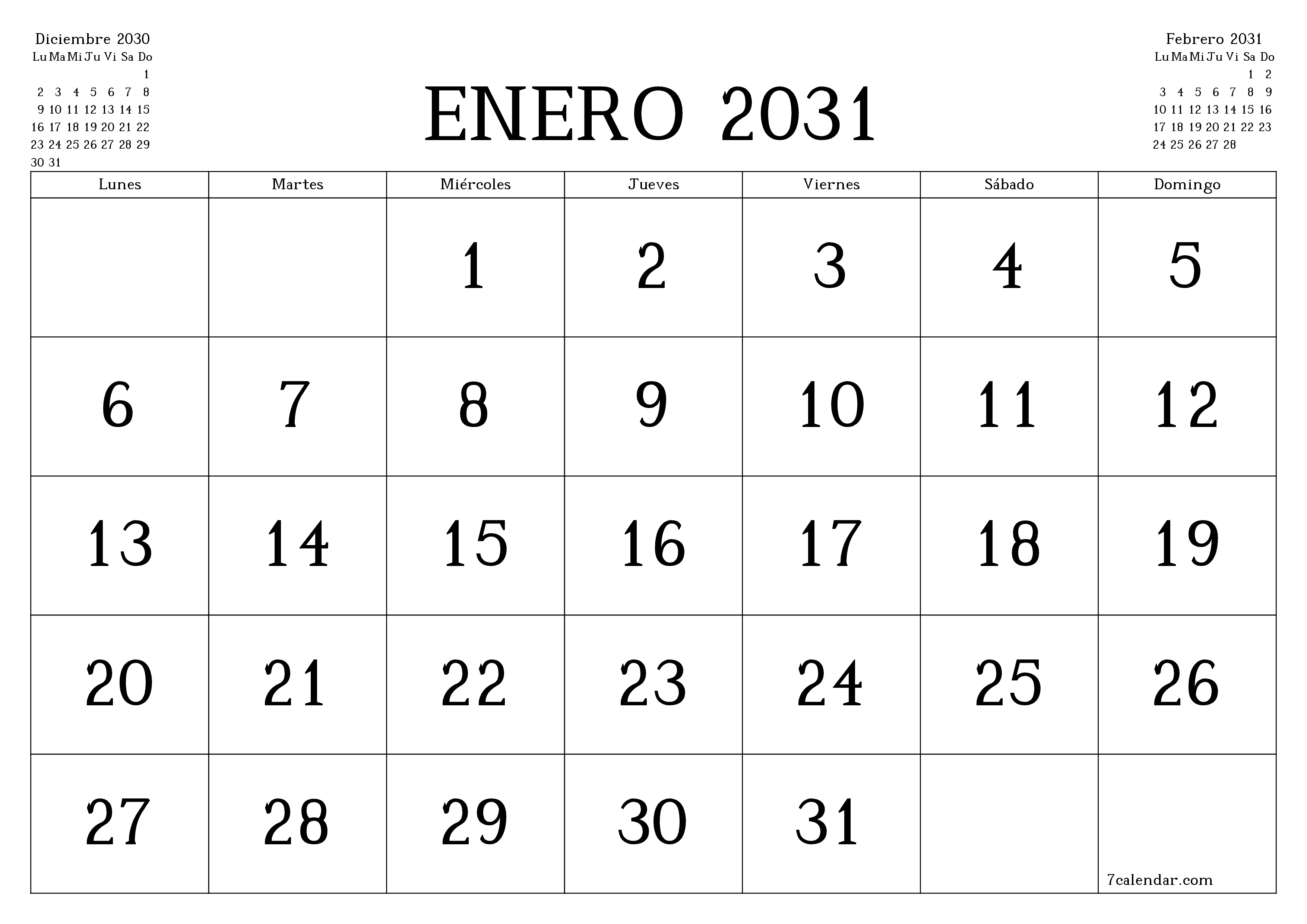 Planificador mensual vacío para el mes Enero 2031 con notas, guardar e imprimir en PDF PNG Spanish