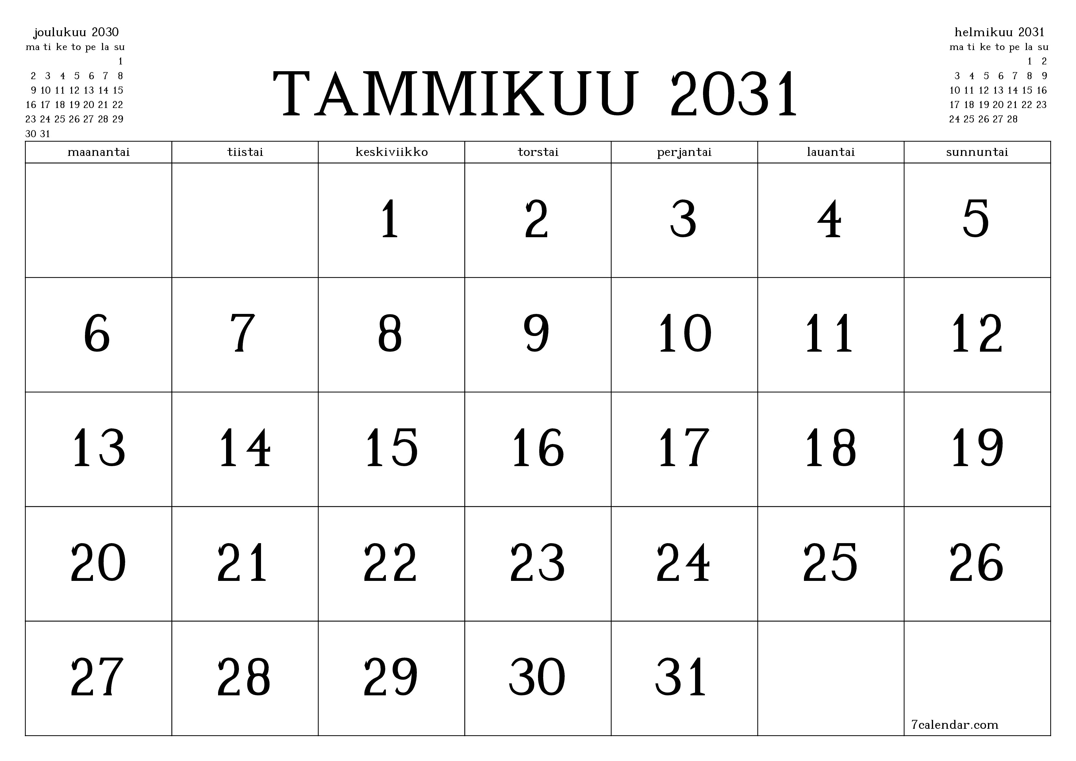 Tyhjennä kuukausittainen suunnittelija kuukaudelle Tammikuu 2031 muistiinpanoilla, tallenna ja tulosta PDF-muotoon PNG Finnish