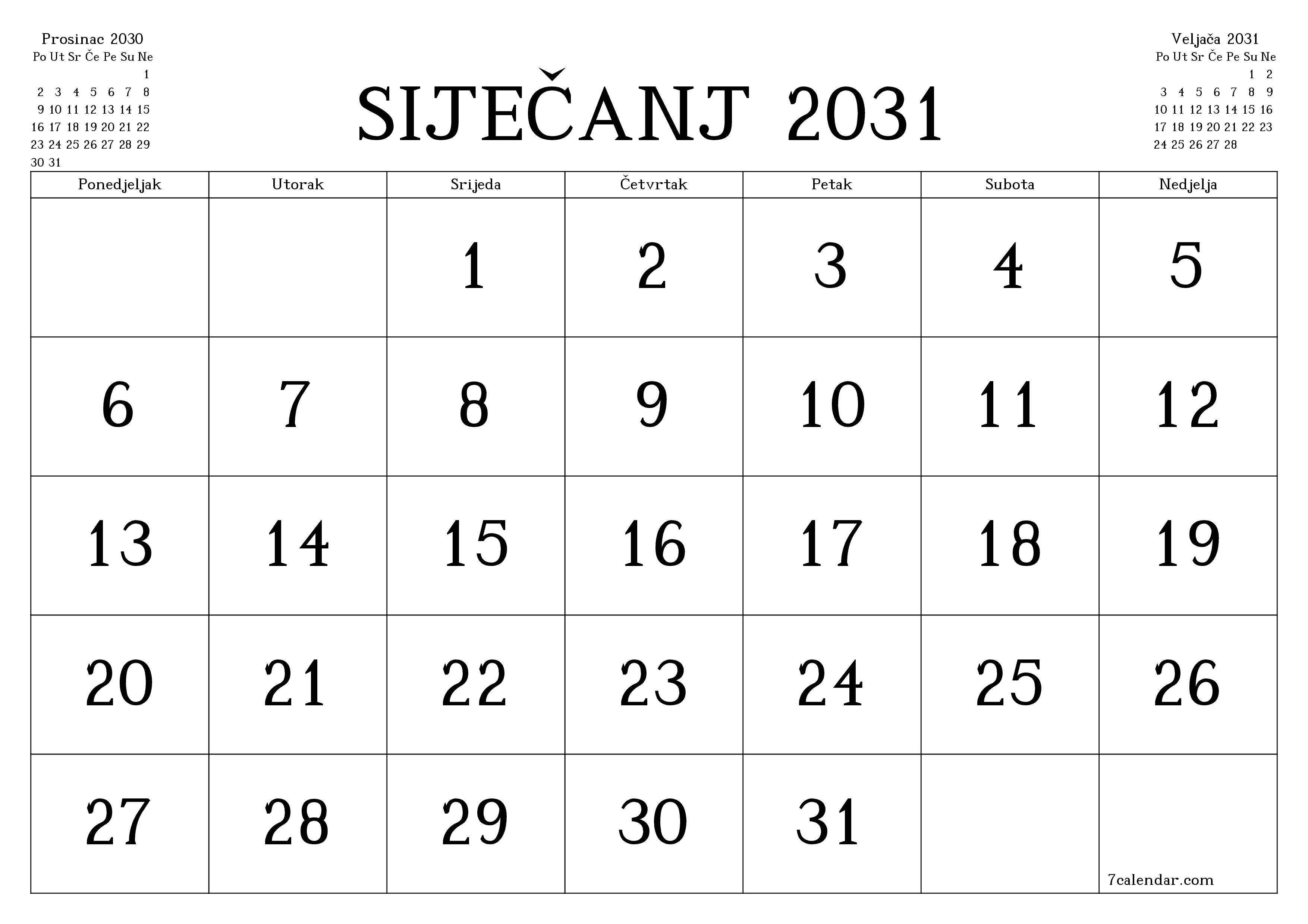 Ispraznite mjesečni planer za mjesec Siječanj 2031 s bilješkama, spremite i ispišite u PDF PNG Croatian