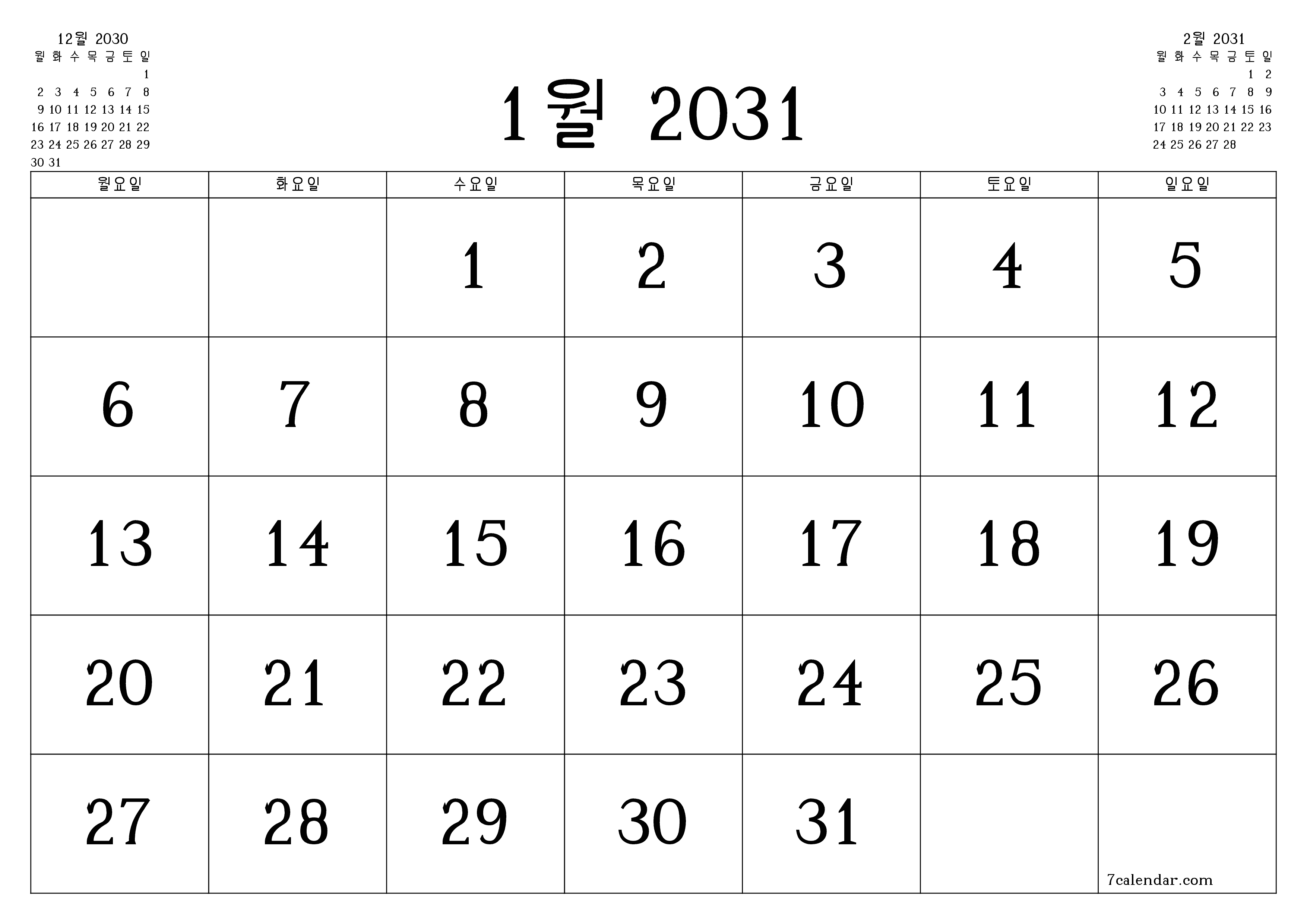 메모가있는 1월 2031 월의 월간 플래너 비우기, PDF PNG Korean-7calendar.com으로 저장 및 인쇄