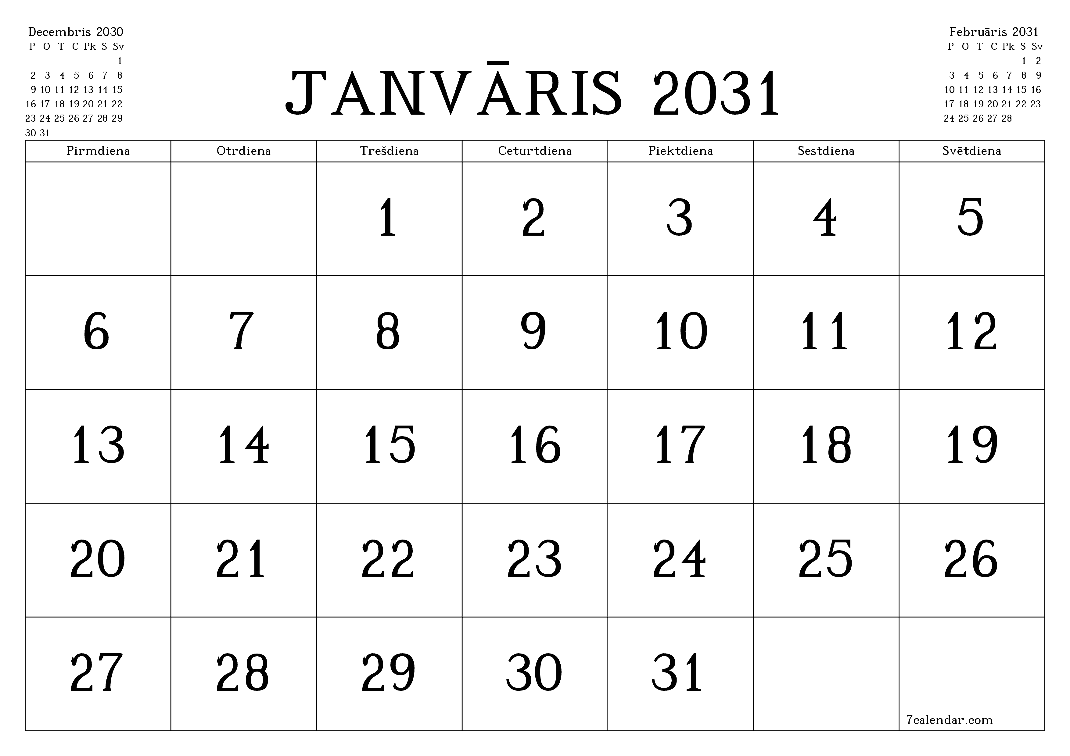 Iztukšot mēneša plānotāju mēnesim Janvāris 2031 ar piezīmēm, saglabāt un izdrukāt PDF formātā PNG Latvian