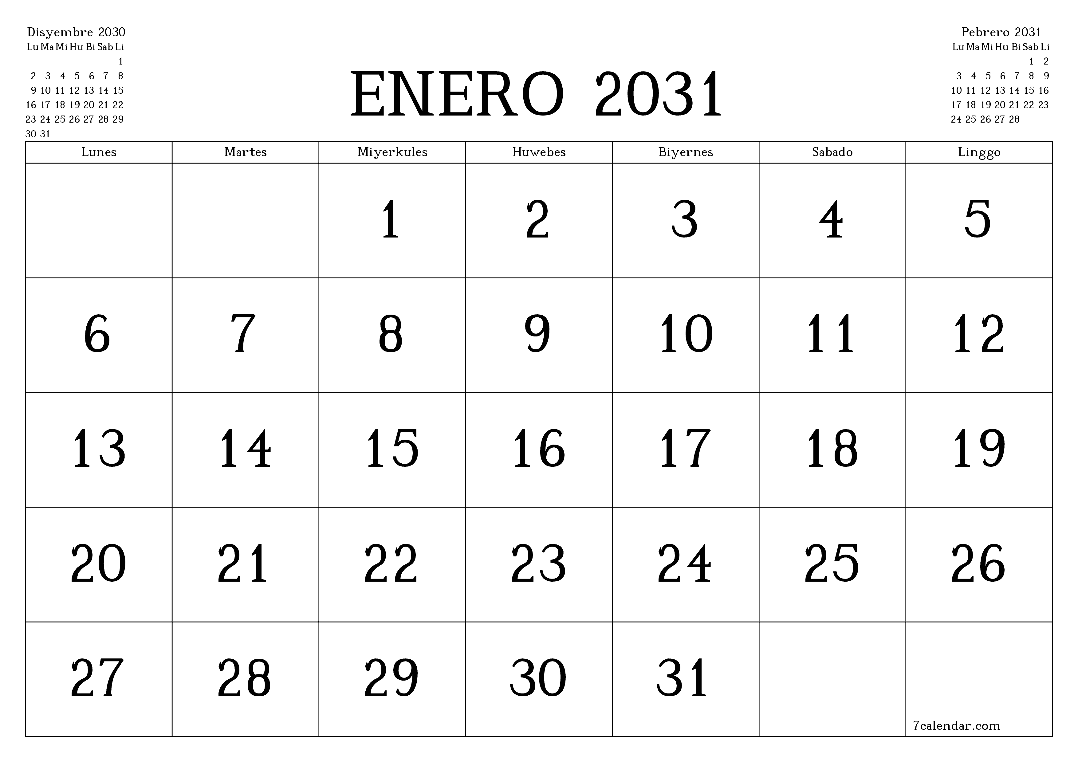 Walang laman na buwanang tagaplano para sa buwan na Enero 2031 na may mga tala, i-save at i-print sa PDF PNG Filipino