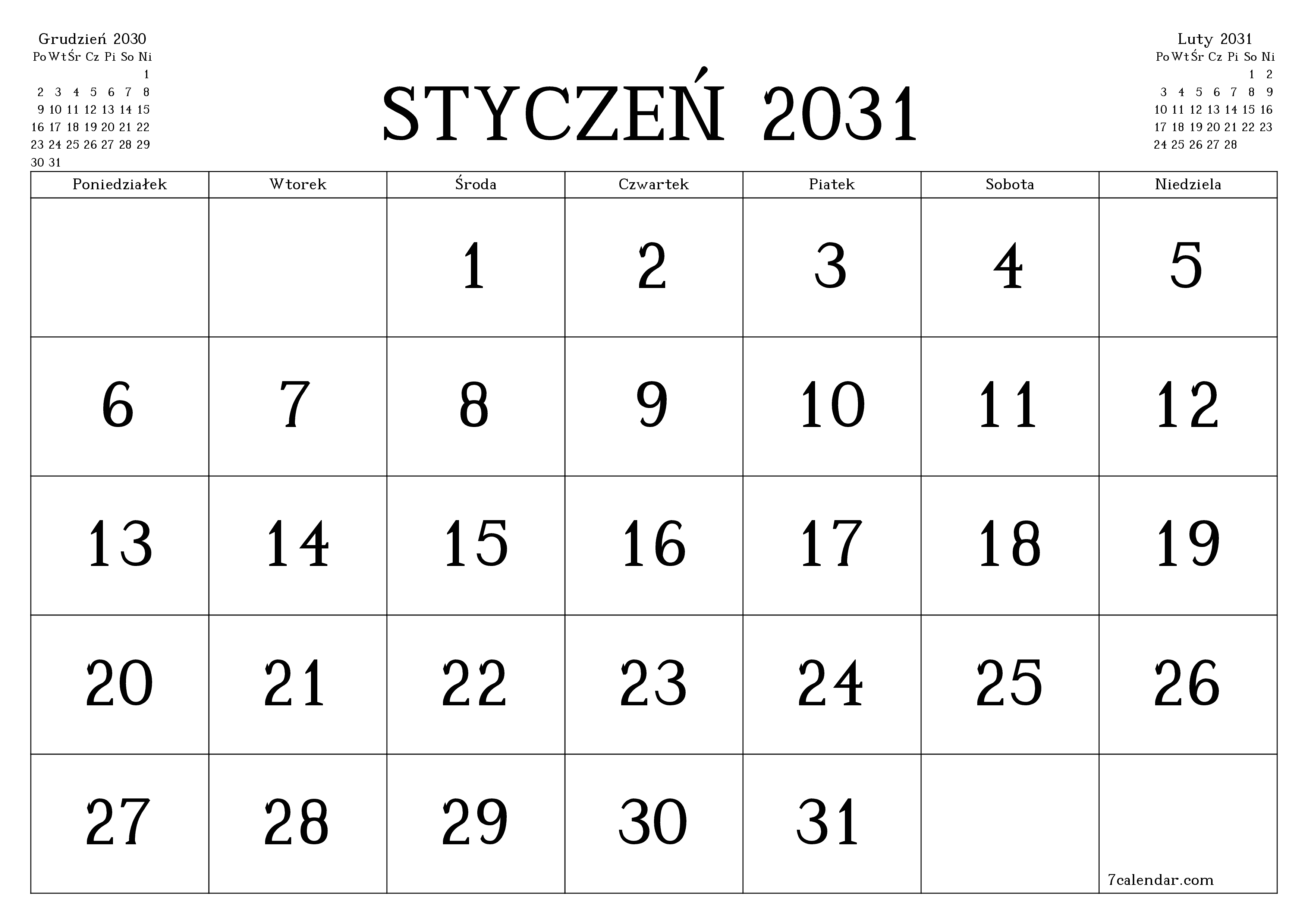 Opróżnij miesięczny planer na miesiąc Styczeń 2031 z notatkami, zapisz i wydrukuj w formacie PDF PNG Polish