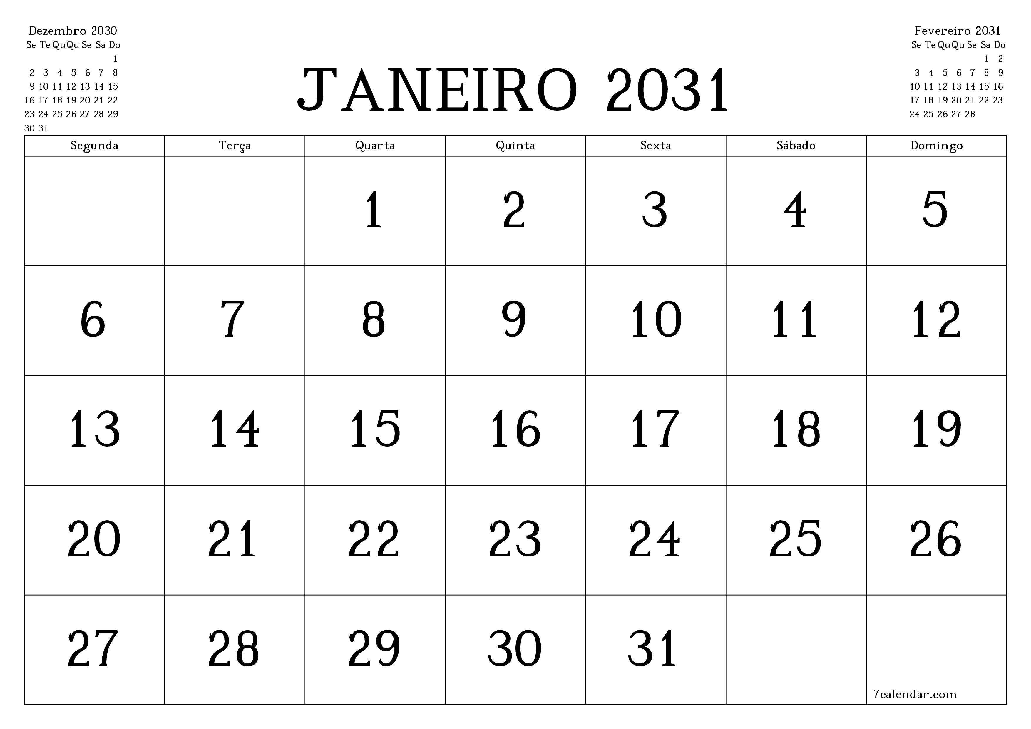 Esvazie o planejador mensal para o mês Janeiro 2031 com notas, salve e imprima em PDF PNG Portuguese