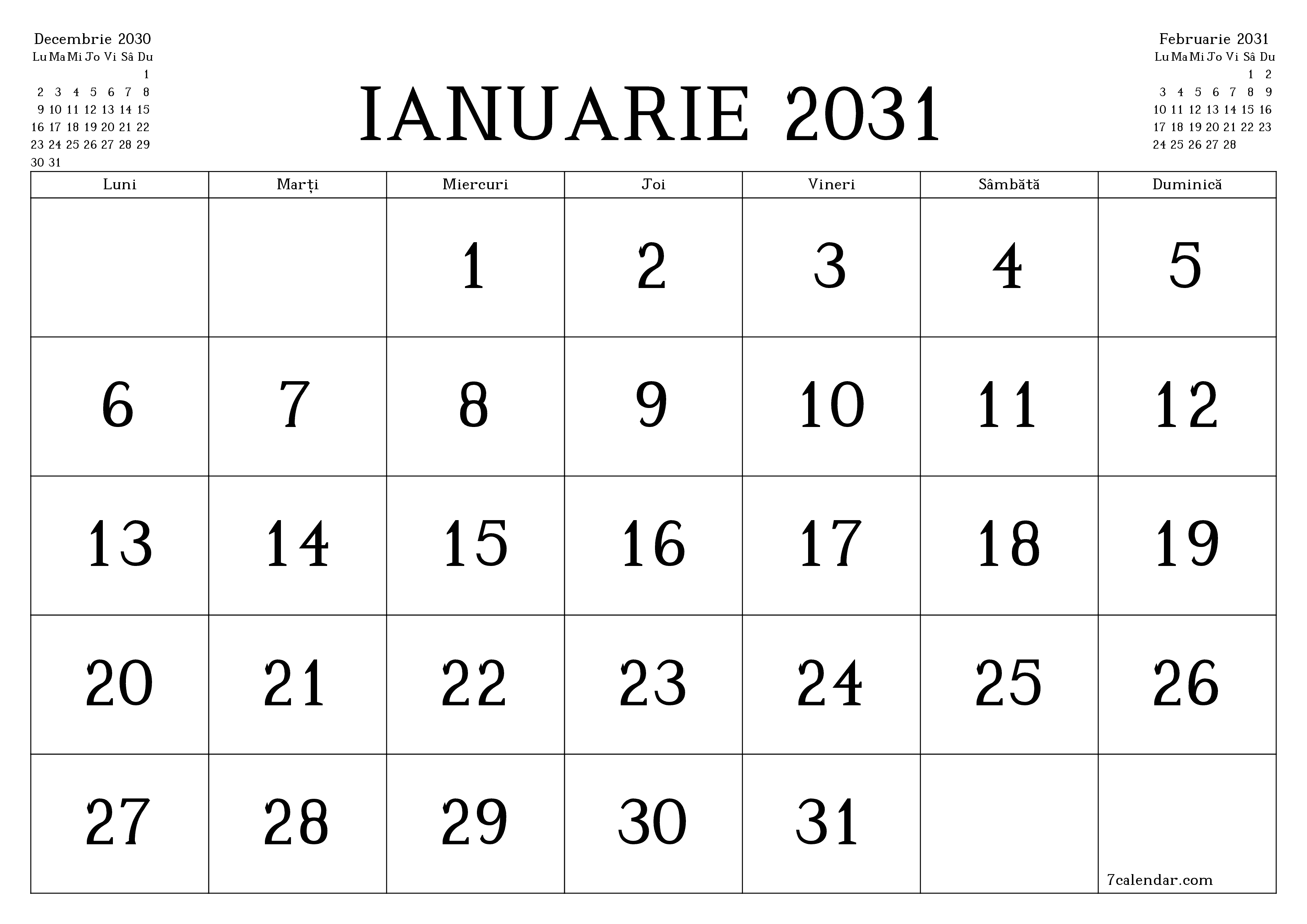 Planificator lunar gol pentru luna Ianuarie 2031 cu note, salvați și tipăriți în PDF PNG Romanian