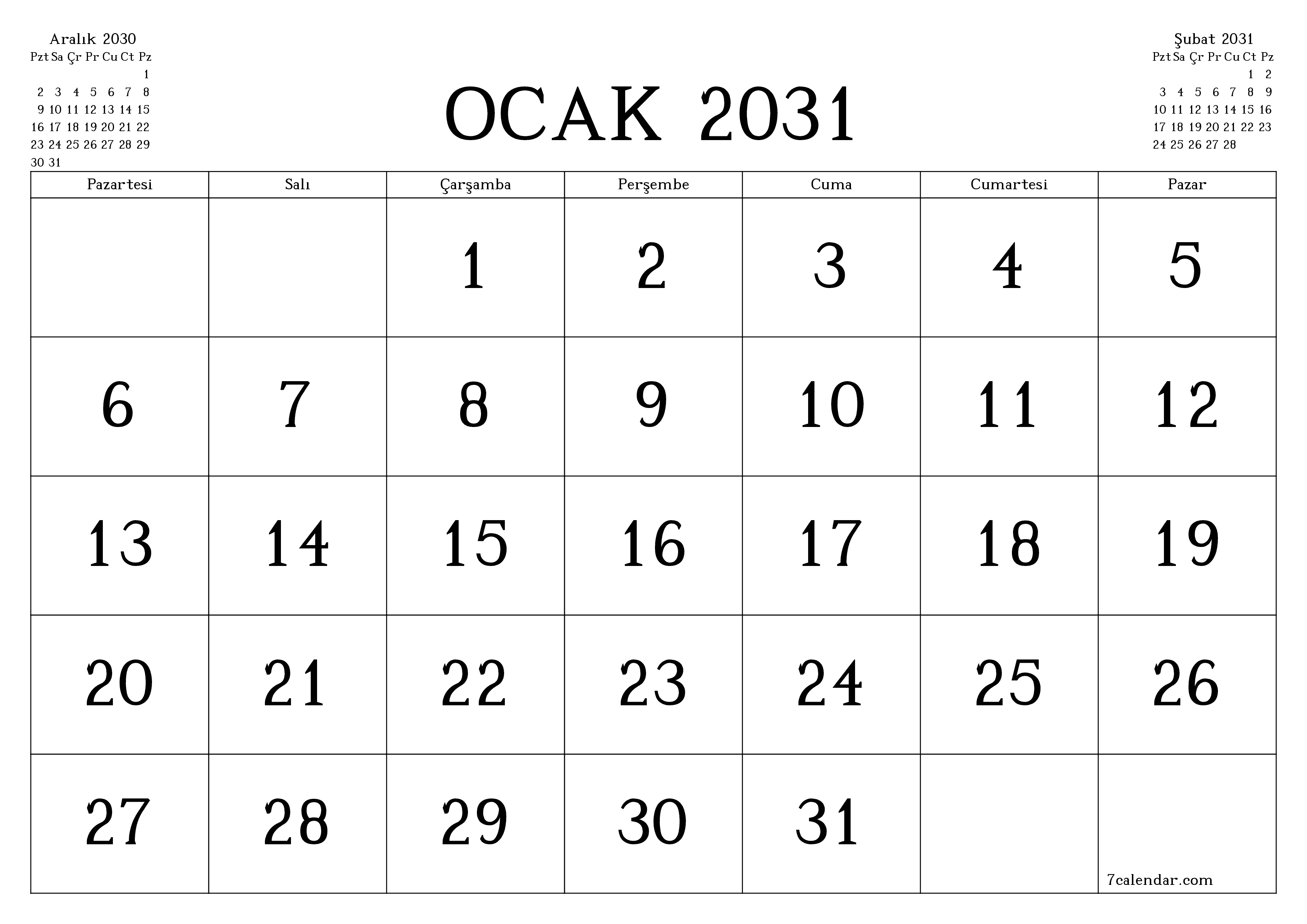 Ocak 2031 ayı için notlarla birlikte boş aylık planlayıcı, kaydedin ve PDF'ye yazdırın PNG Turkish