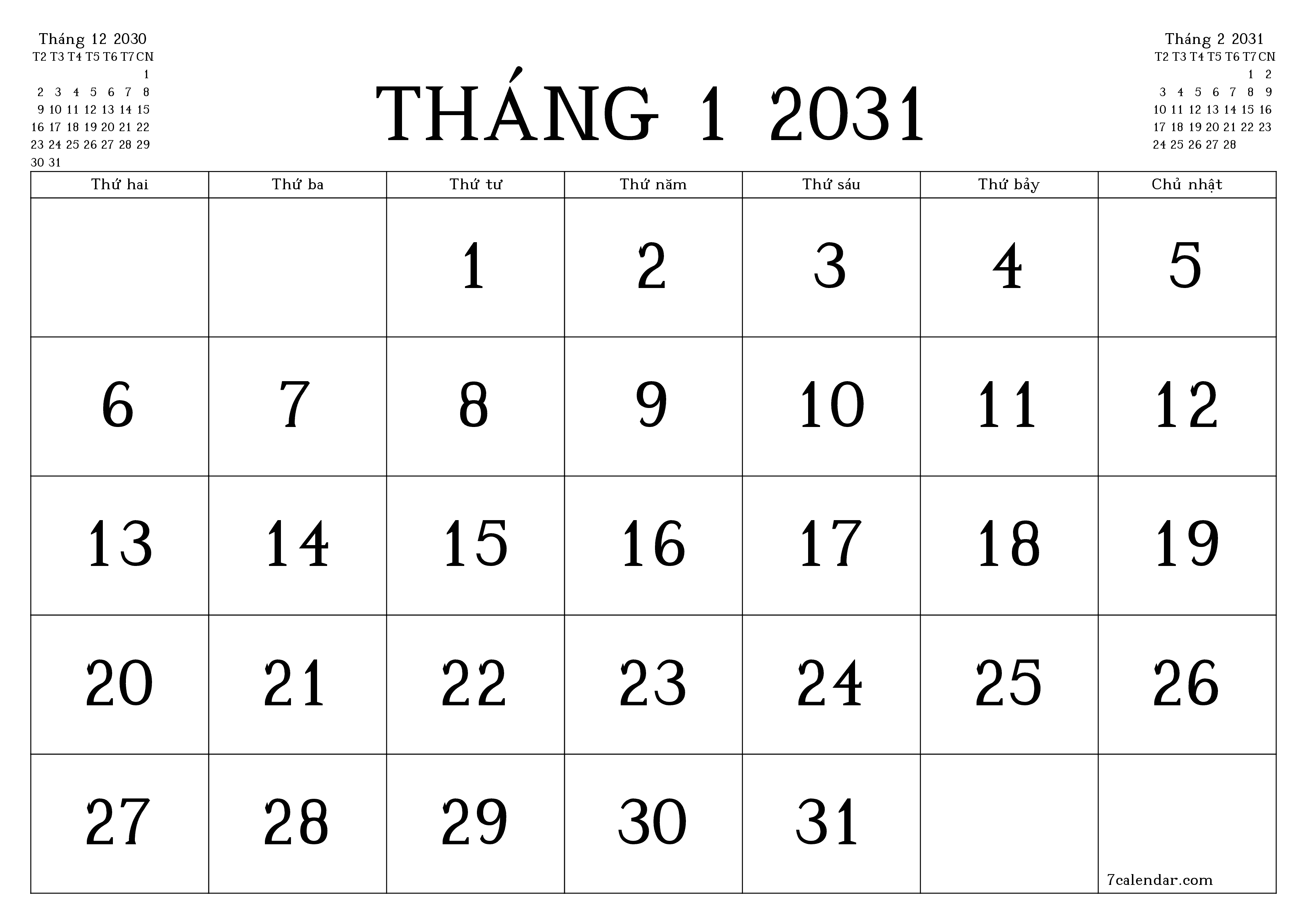 Công cụ lập kế hoạch hàng tháng trống cho tháng Tháng 1 2031 có ghi chú, lưu và in sang PDF PNG Vietnamese
