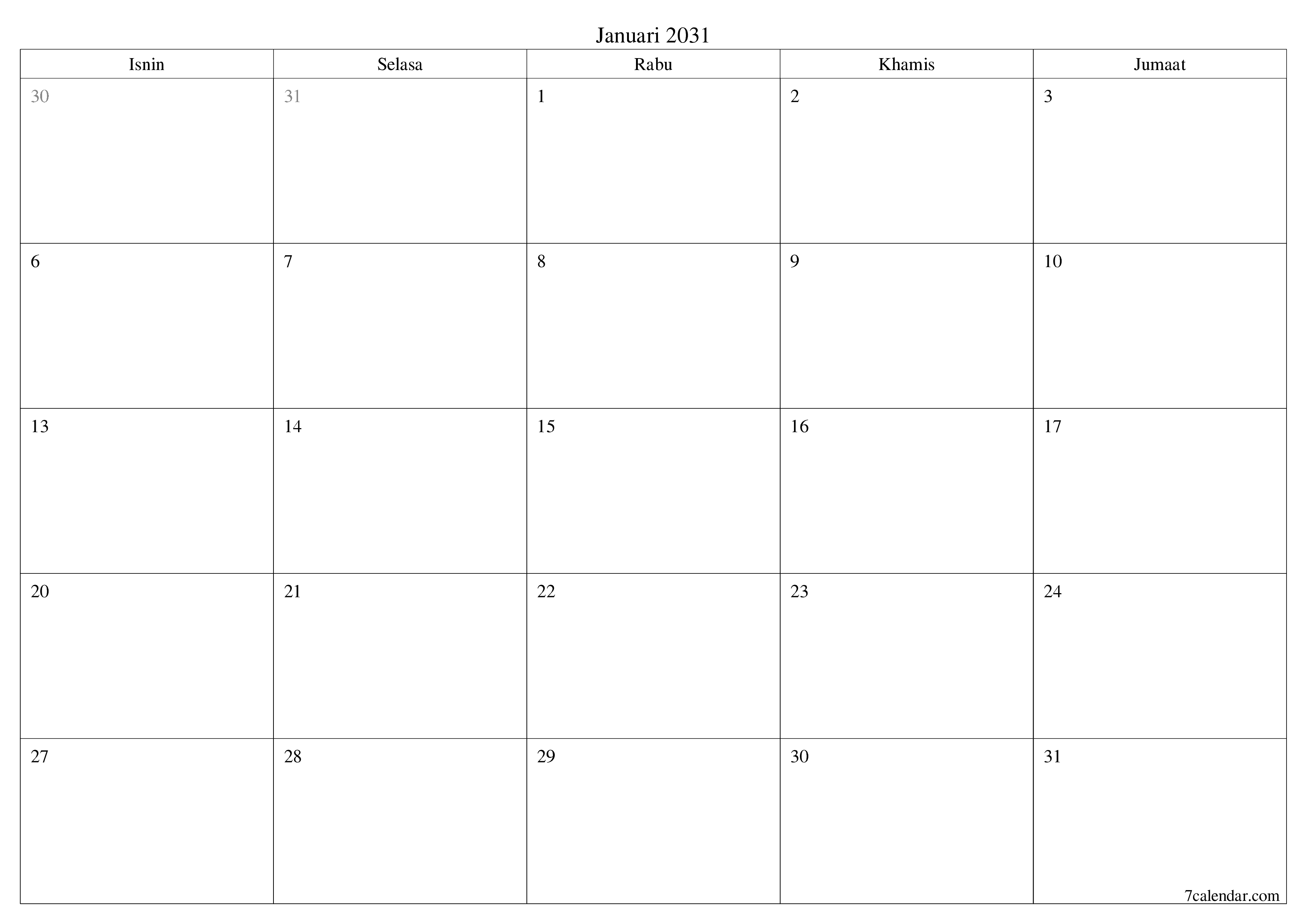 Perancang bulanan kosong untuk bulan Januari 2031 dengan nota, simpan dan cetak ke PDF PNG Malay