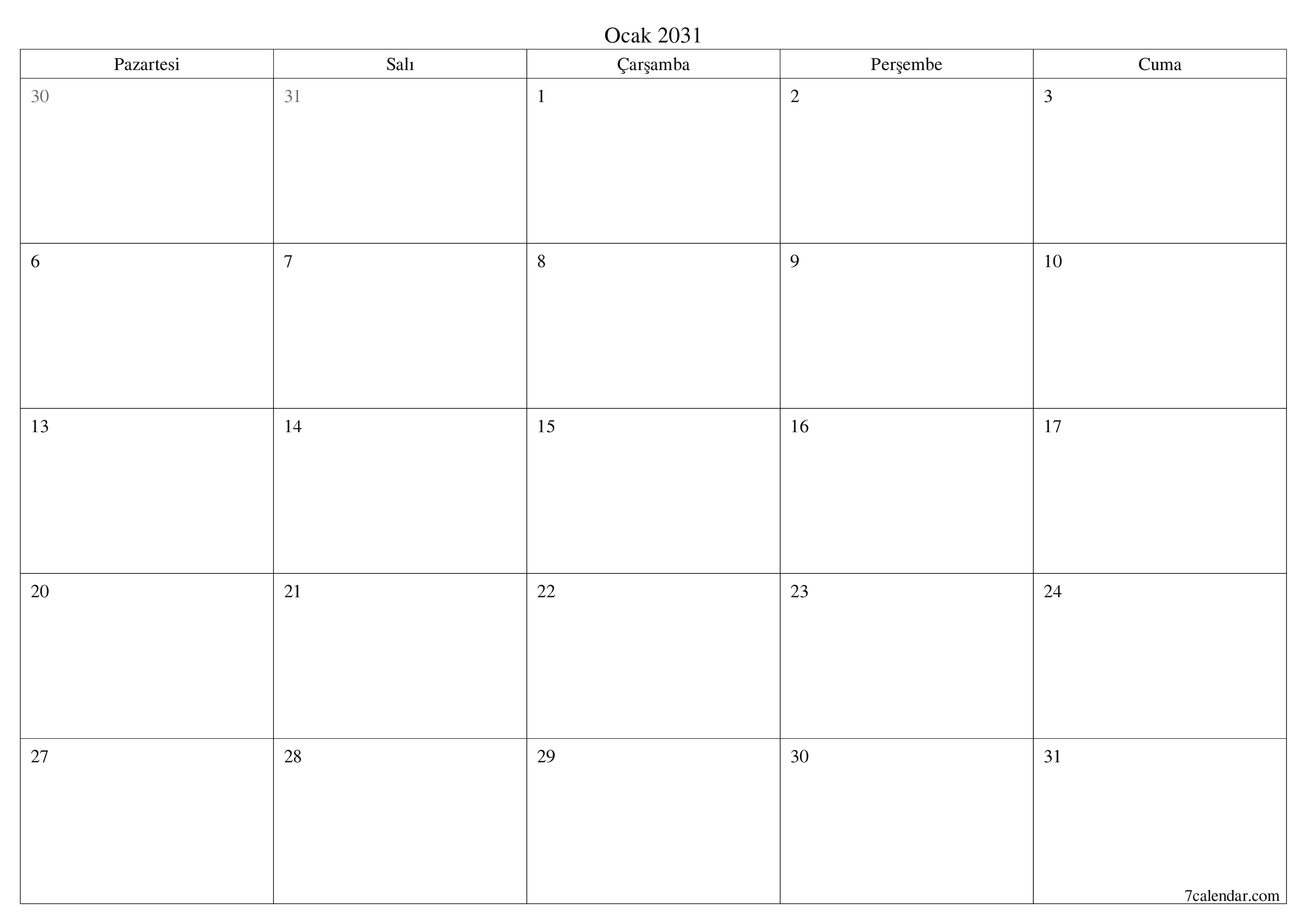 Ocak 2031 ayı için notlarla birlikte boş aylık planlayıcı, kaydedin ve PDF'ye yazdırın PNG Turkish