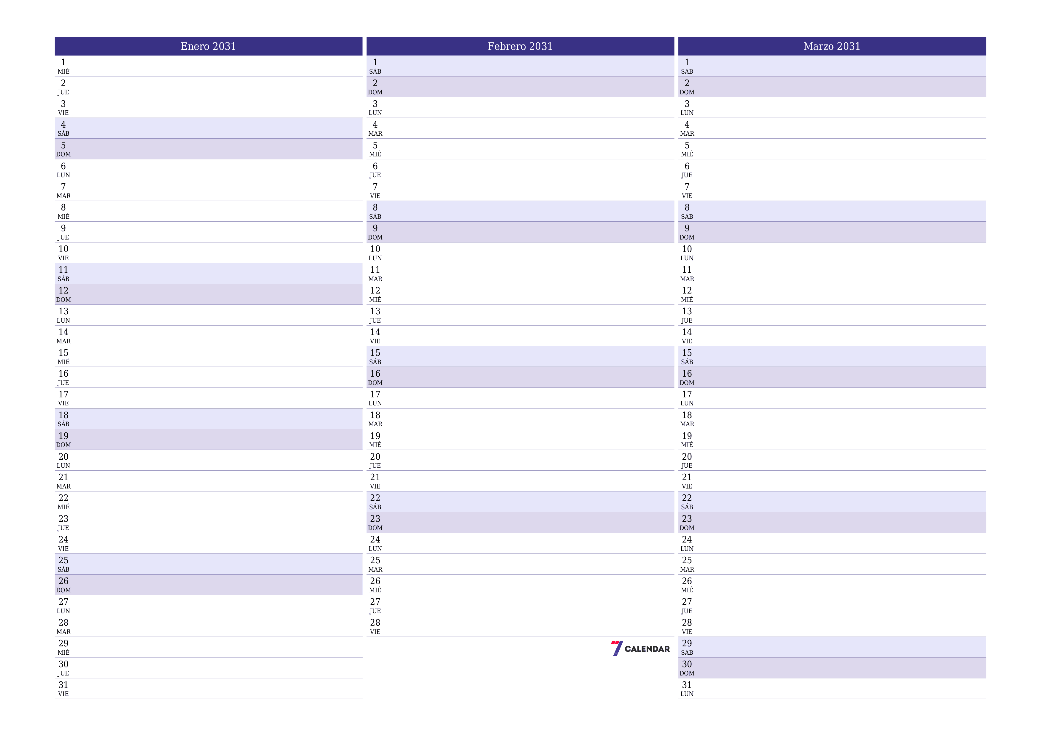Planificador mensual vacío para el mes Enero 2031 con notas, guardar e imprimir en PDF PNG Spanish