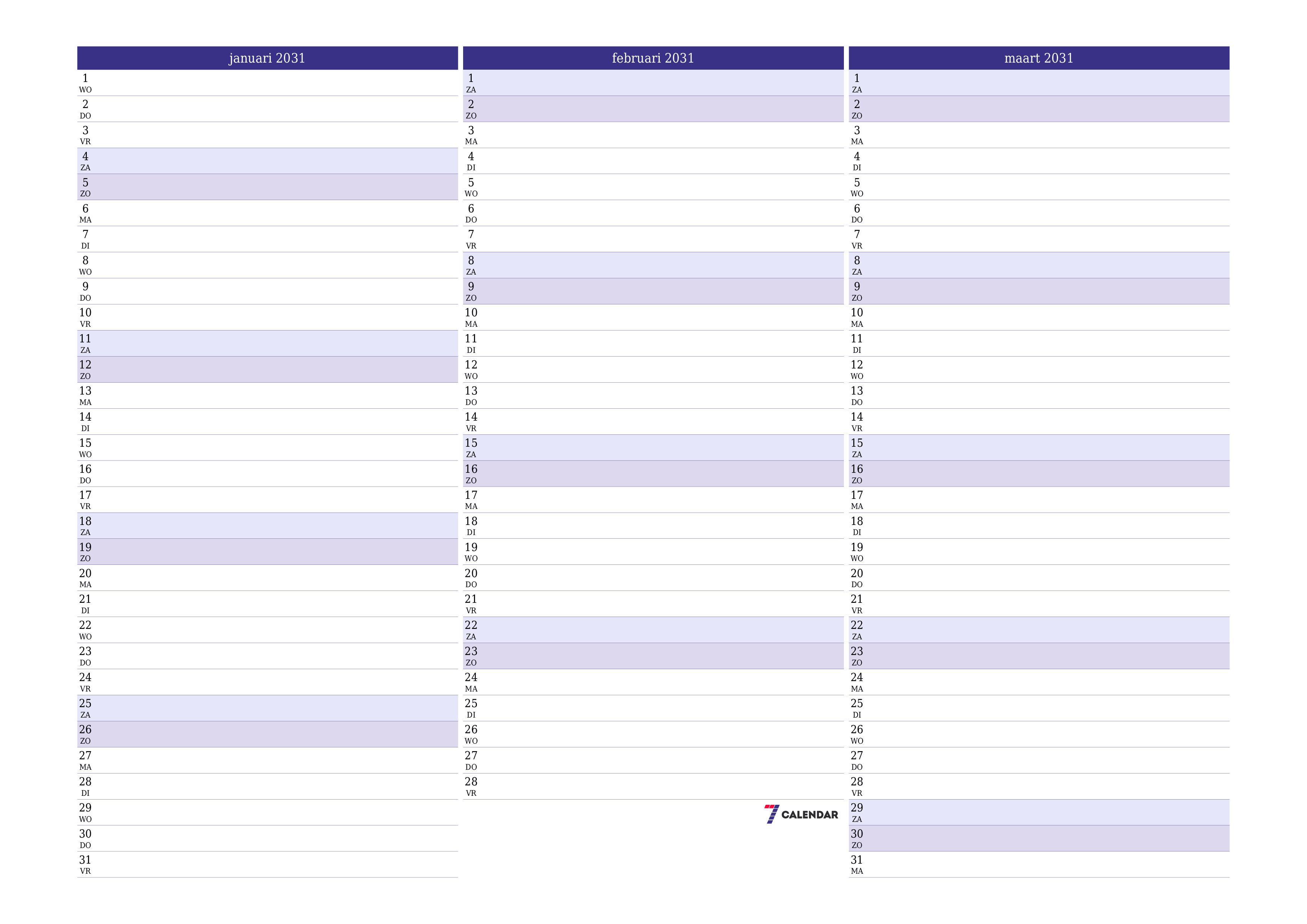 Lege maandplanner voor maand januari 2031 met notities, opslaan en afdrukken naar pdf PNG Dutch