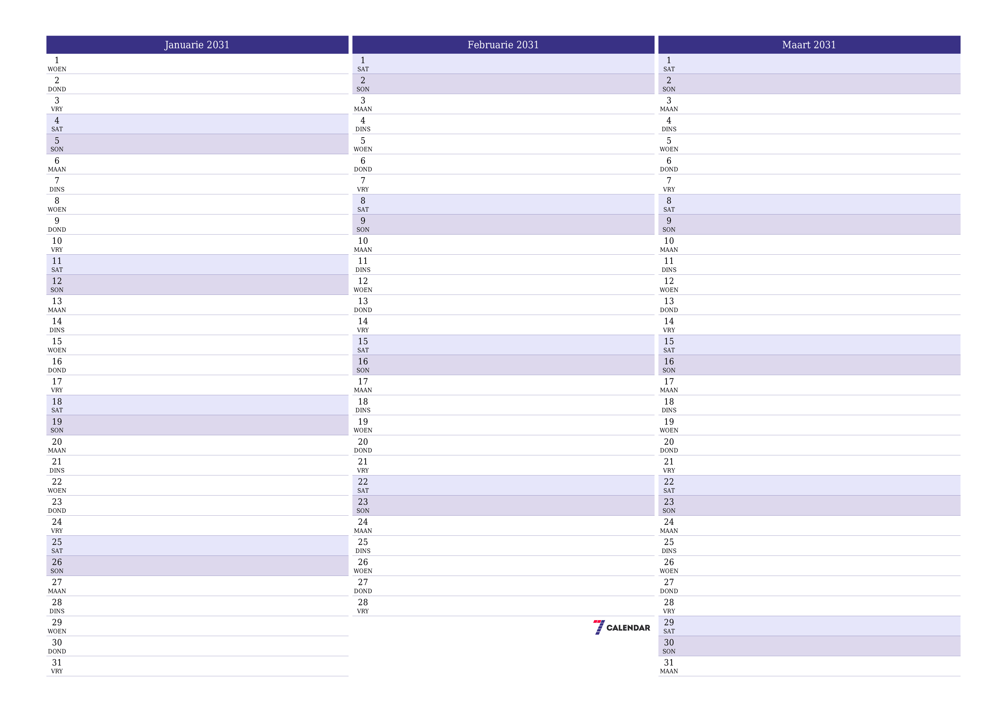 Leë maandelikse drukbare kalender en beplanner vir maand Januarie 2031 met notas stoor en druk na PDF PNG Afrikaans